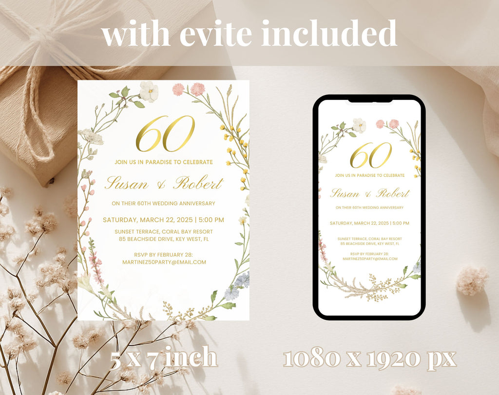 Elegant Floral 60th Wedding Anniversary Invitation