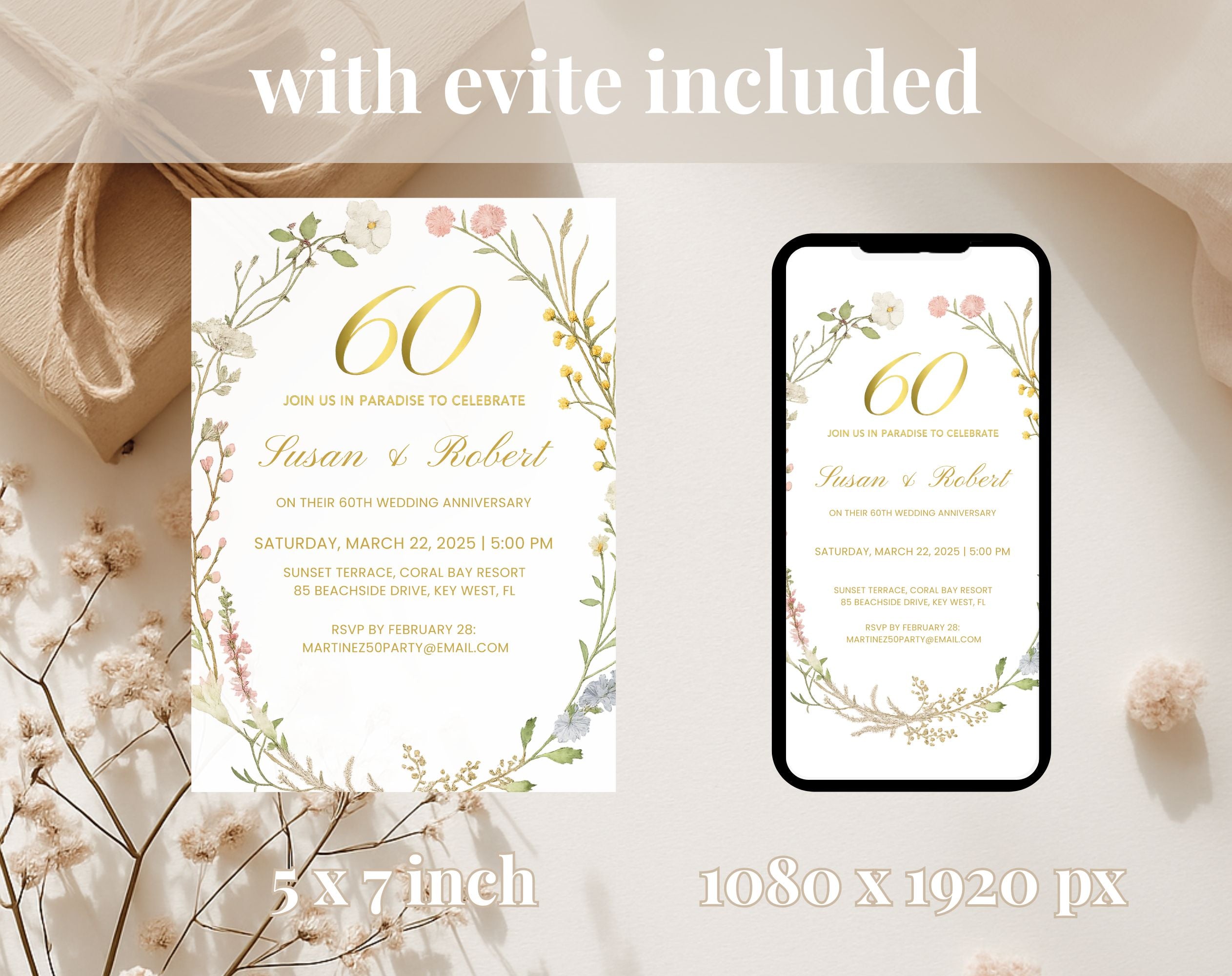 Elegant Floral 60th Wedding Anniversary Invitation