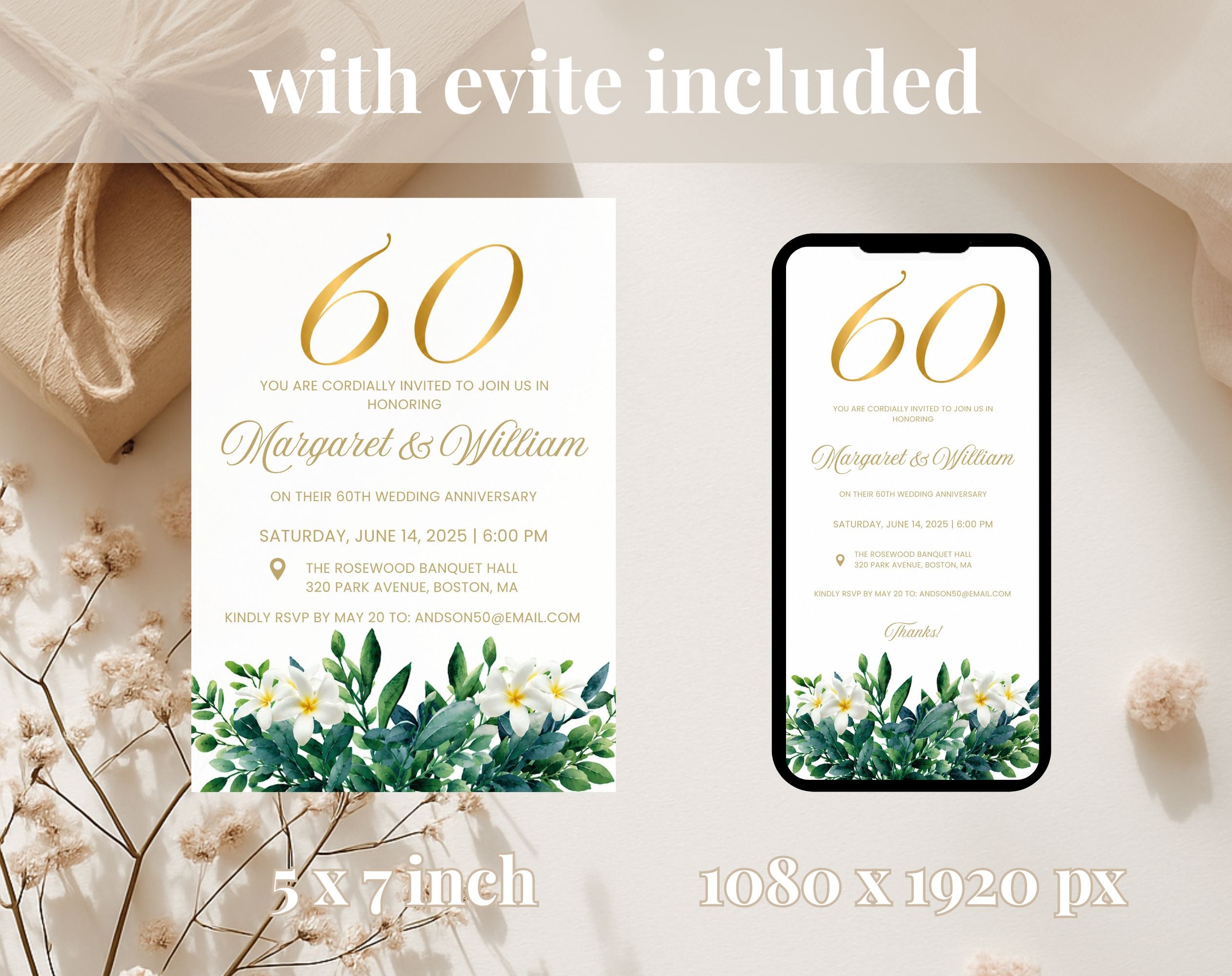 60th White Gold Wedding Anniversary Invitation