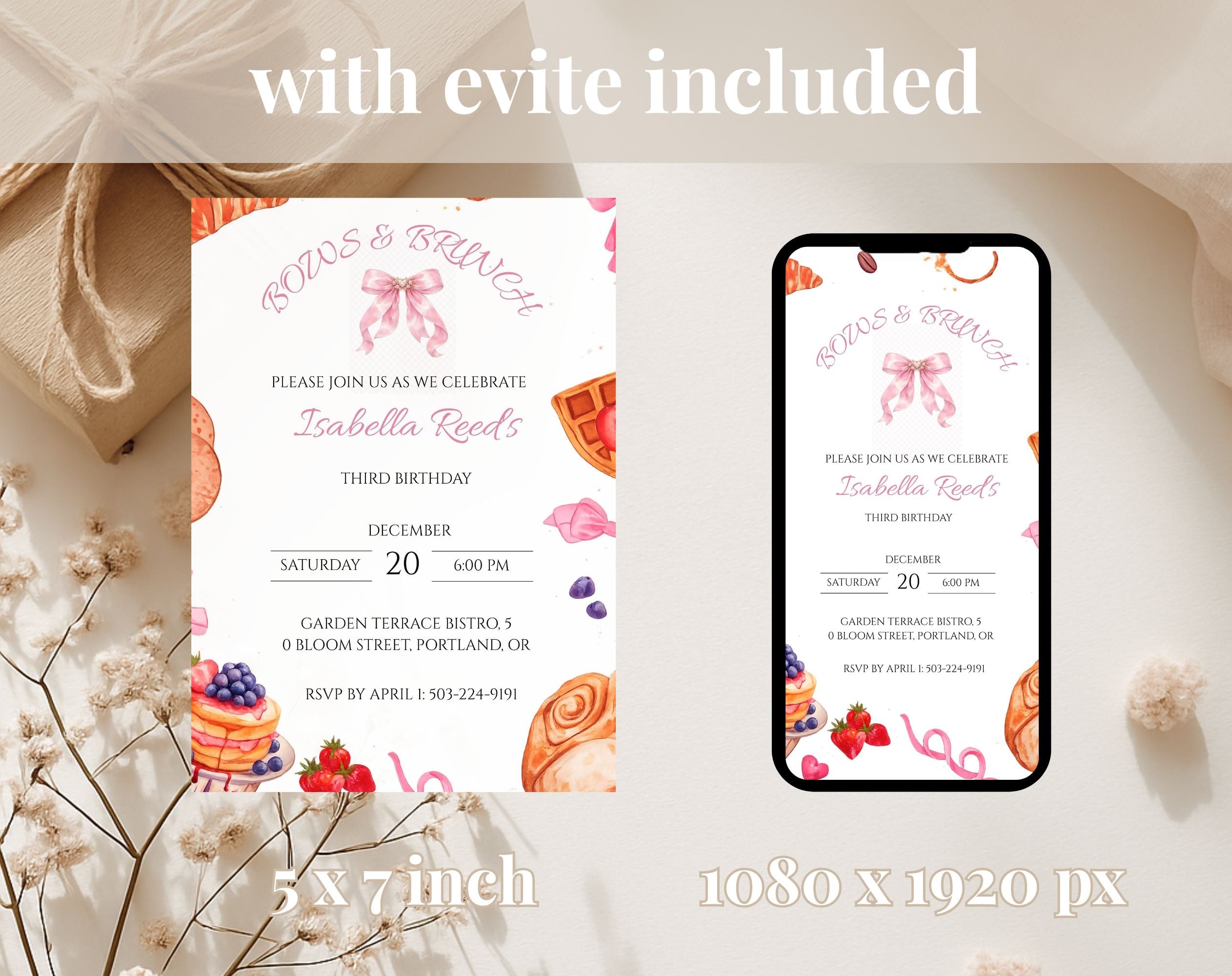 Pink Bows Brunch Birthday Invitation