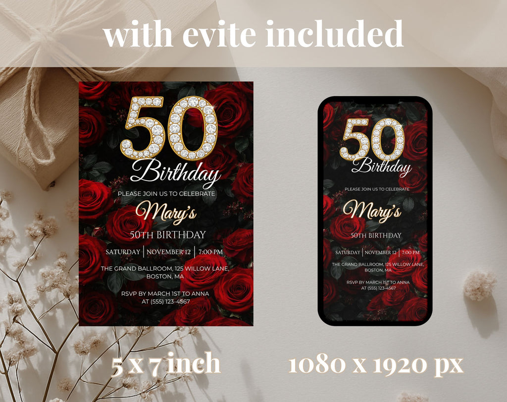 Luxury Red Rose 50th Birthday Invitation