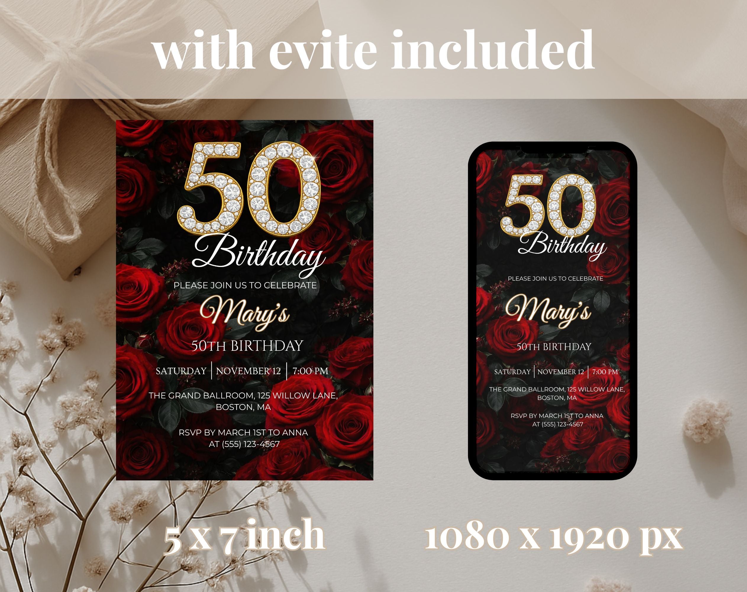 Luxury Red Rose 50th Birthday Invitation
