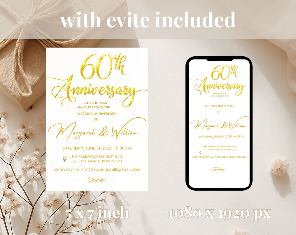 Golden 60th  Wedding Anniversary Invite White Gold