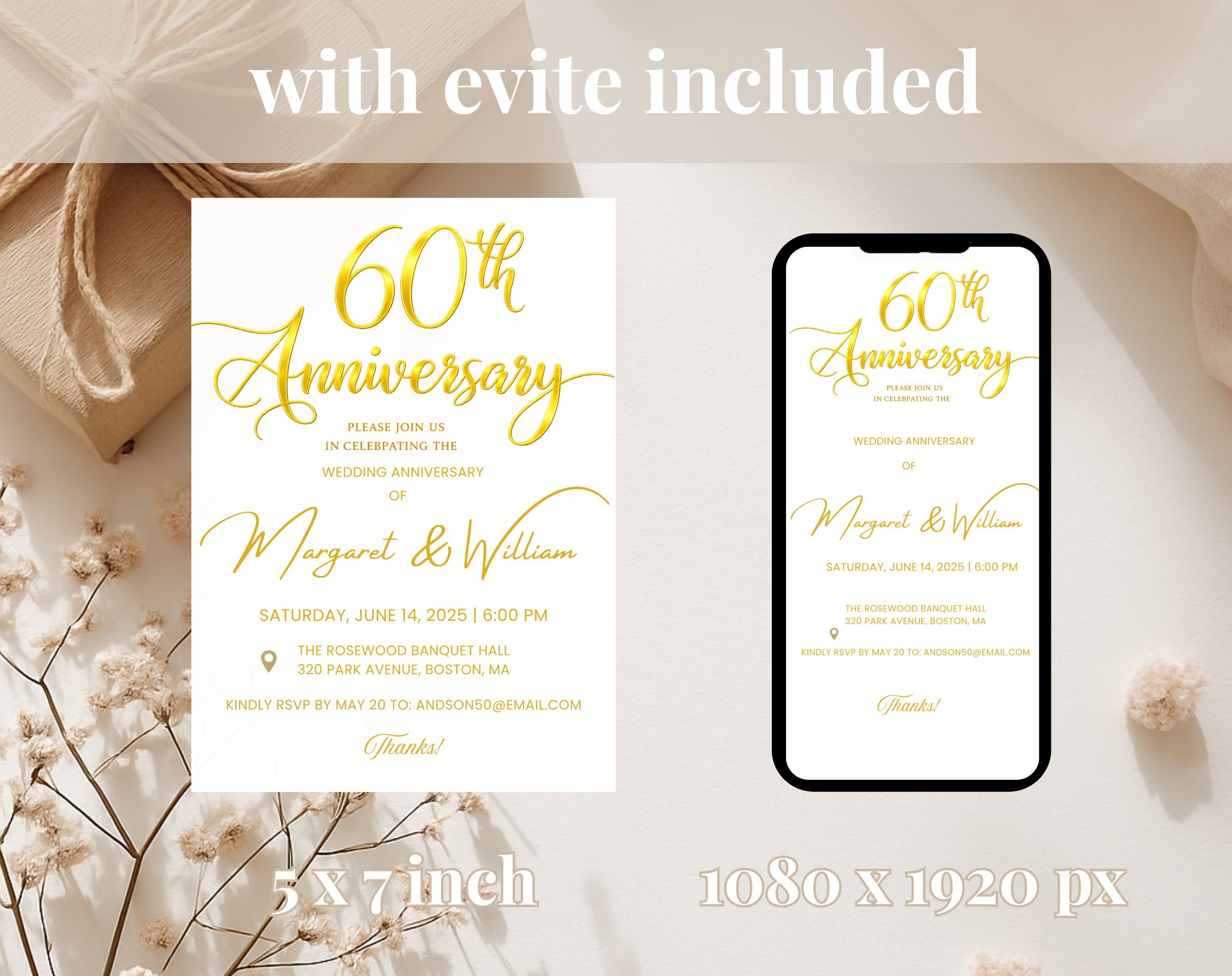 Golden 60th  Wedding Anniversary Invite White Gold