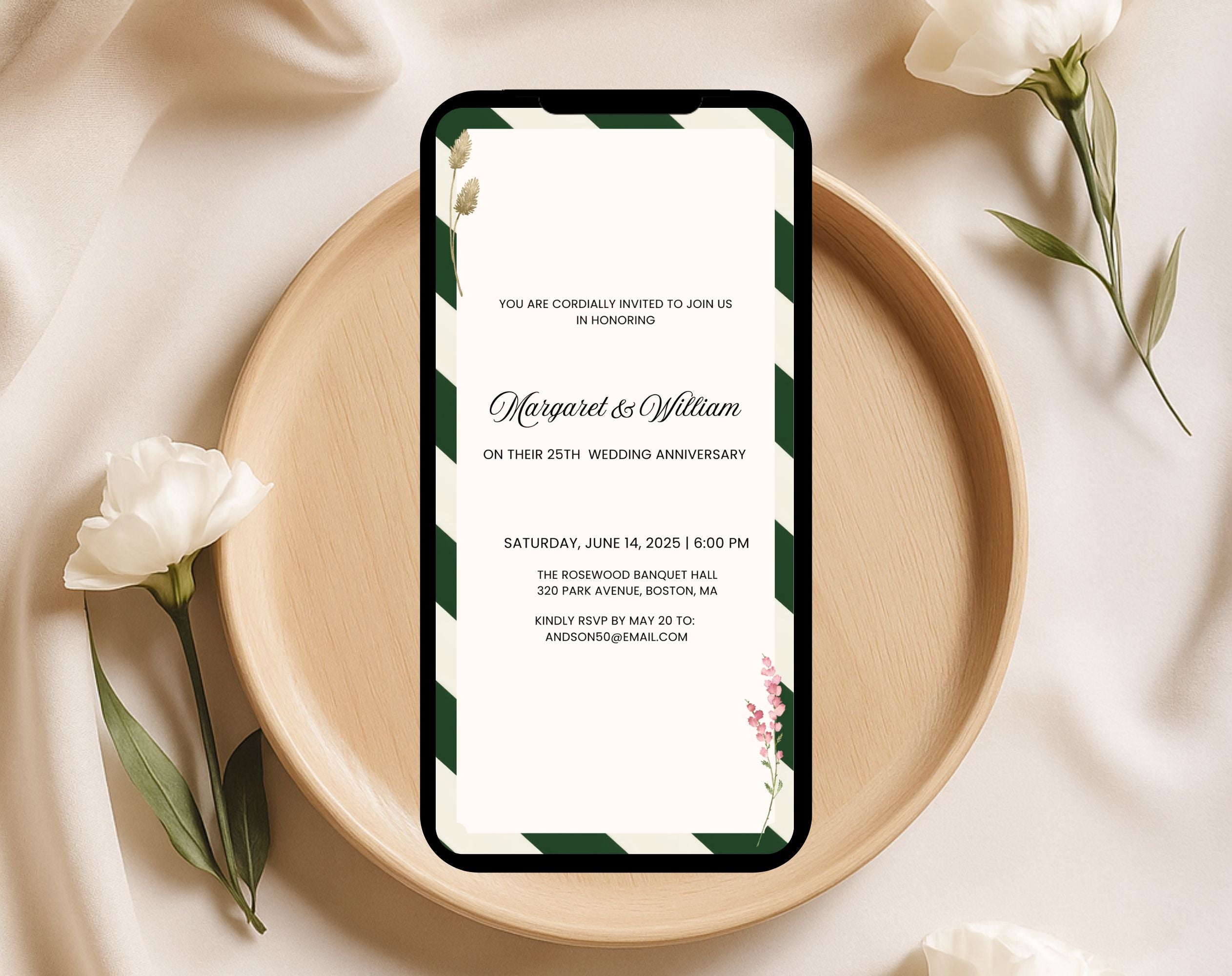 Elegant Green White 25th Anniversary Invitation