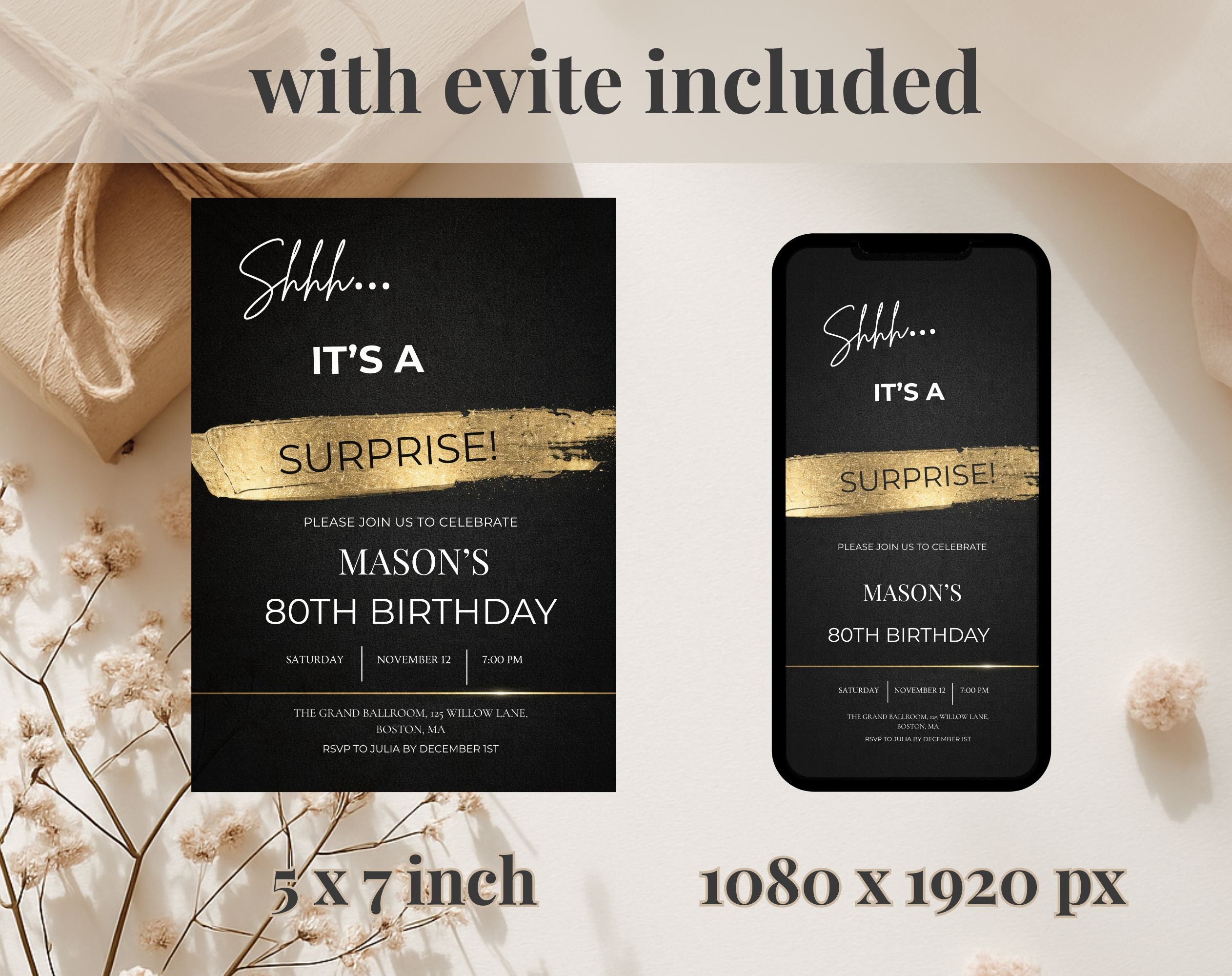 80th gold black birthday party invitation