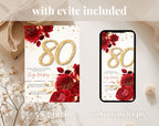 Elegant Floral Red and Gold 80th Birthday Invitation