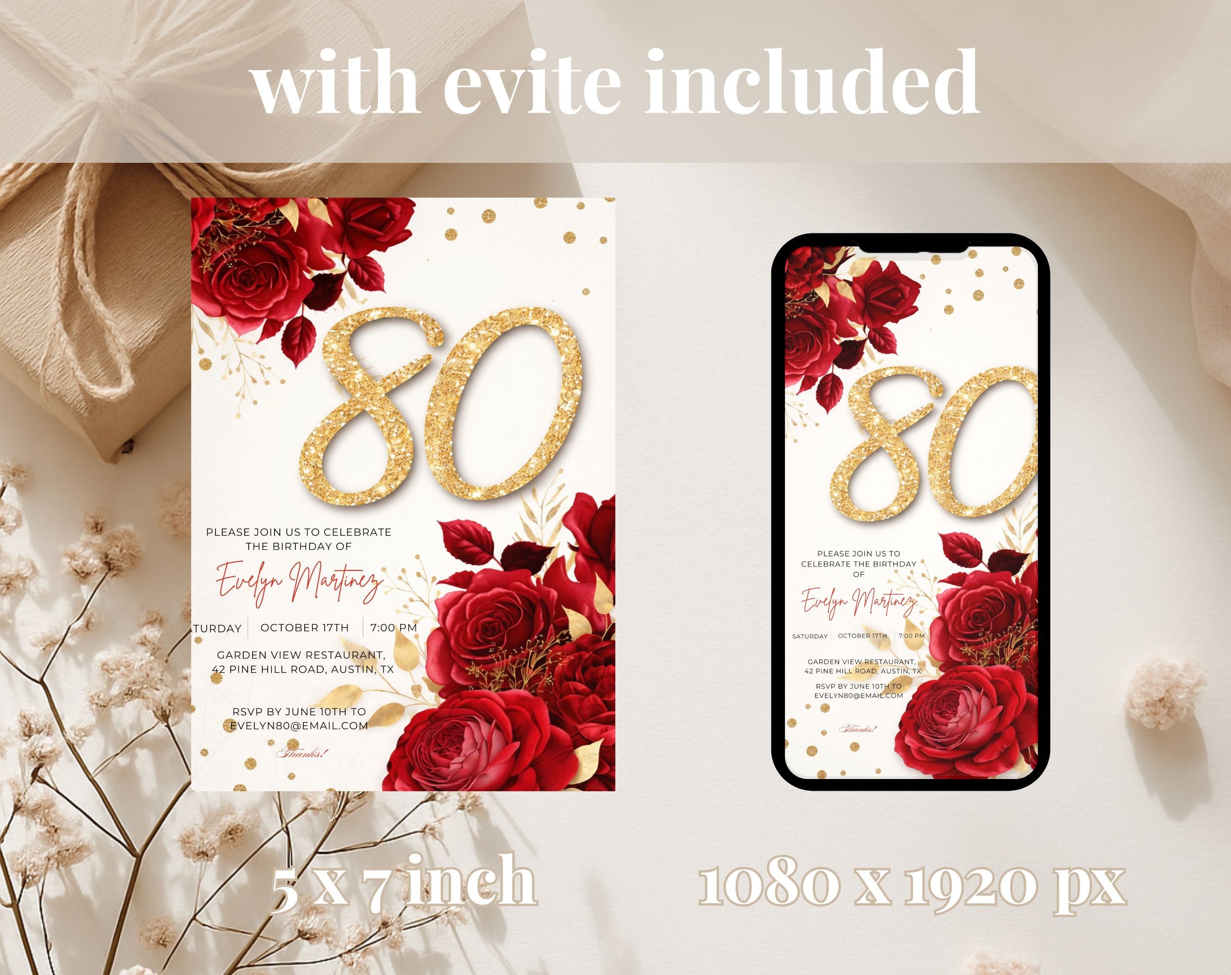 Elegant Floral Red and Gold 80th Birthday Invitation