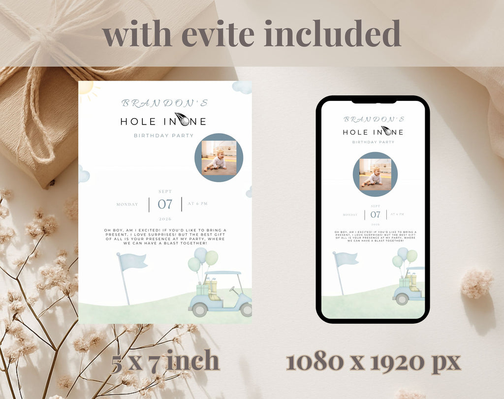 Blue and Green Hole in One Golf First Birthday Invitation