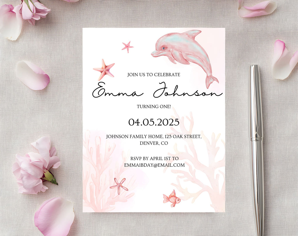 Pink Ocean first Birthday Invitation