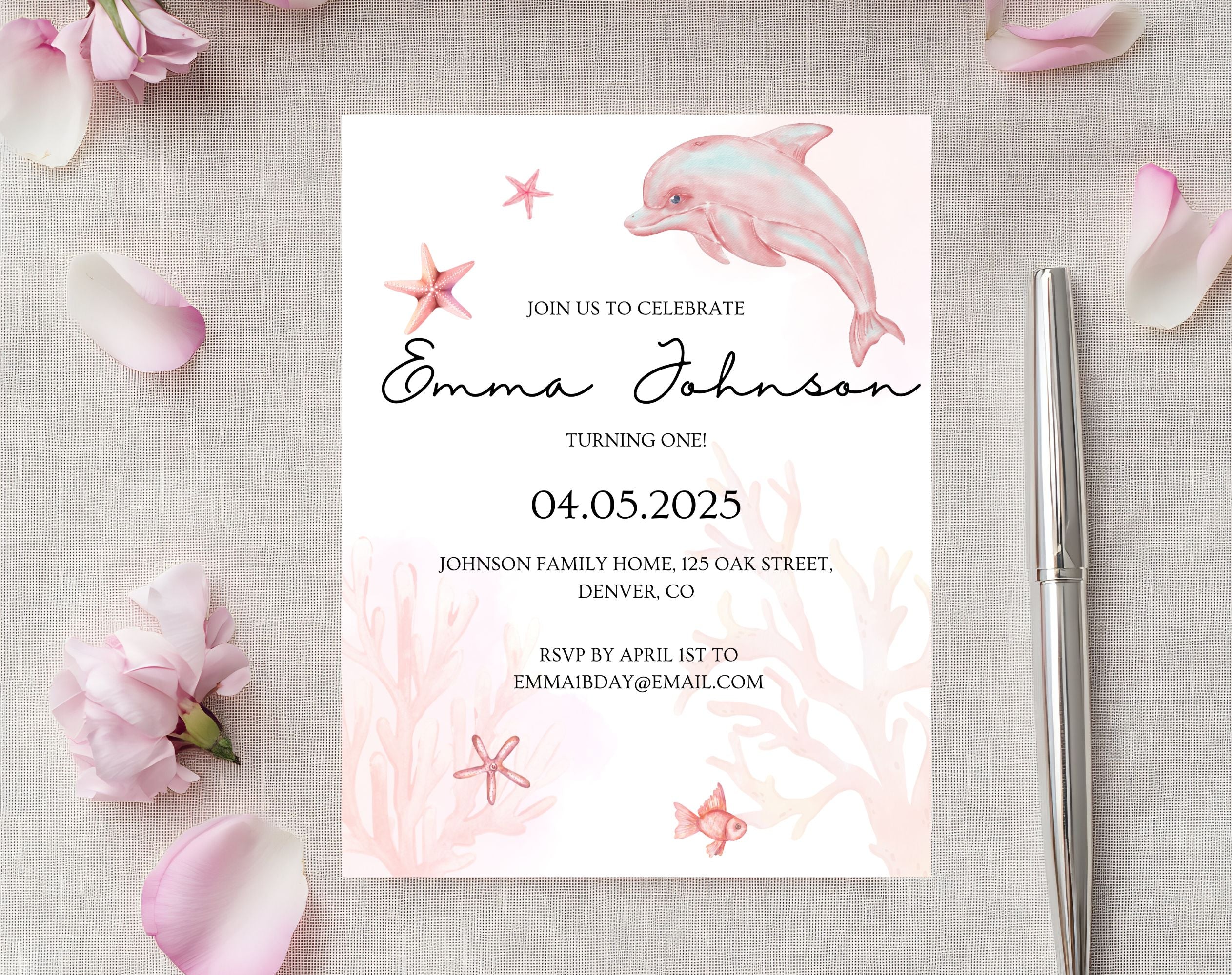 Pink Ocean first Birthday Invitation