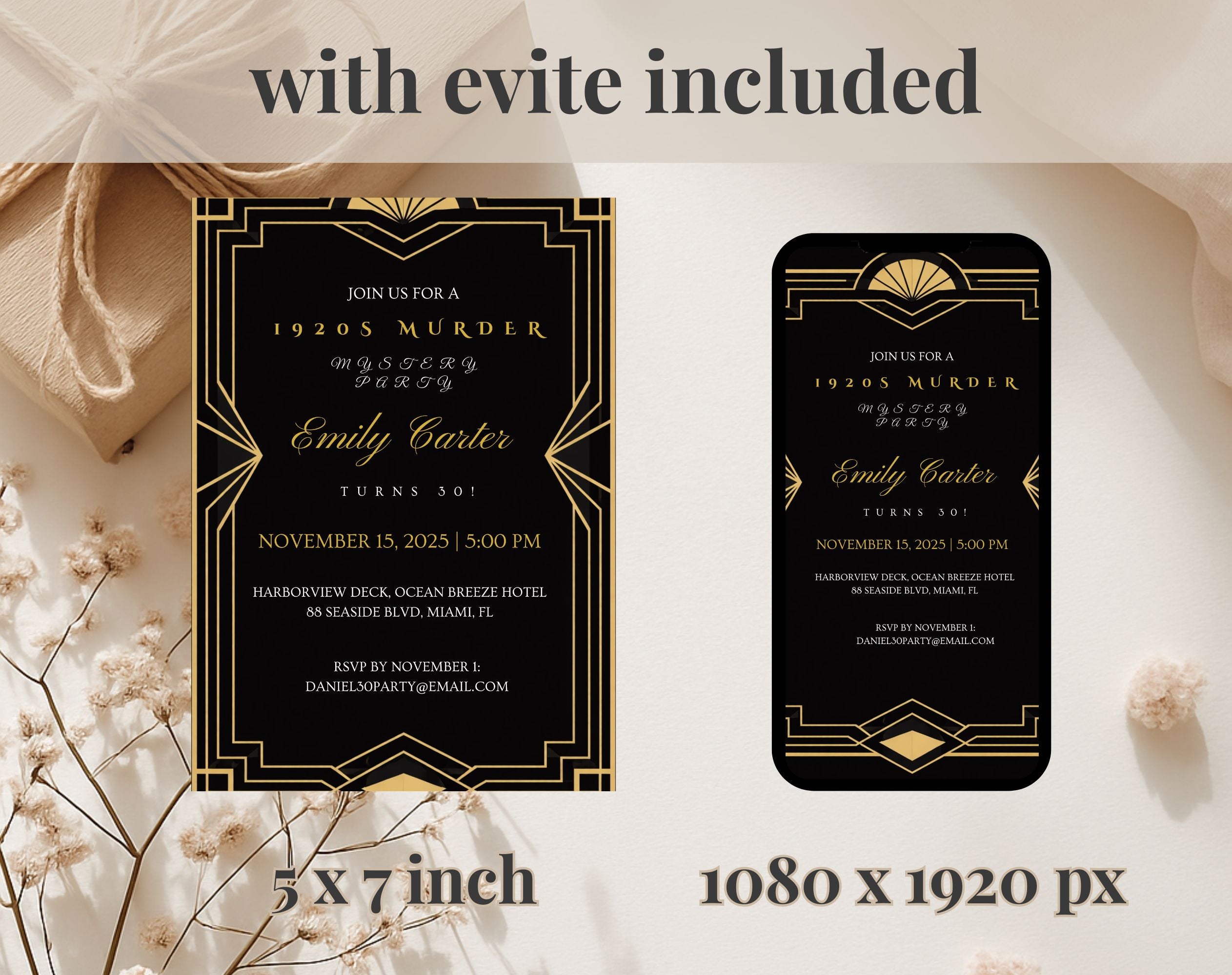 Black and Gold 1920s Murder Mystery 30th Birthday Invitation