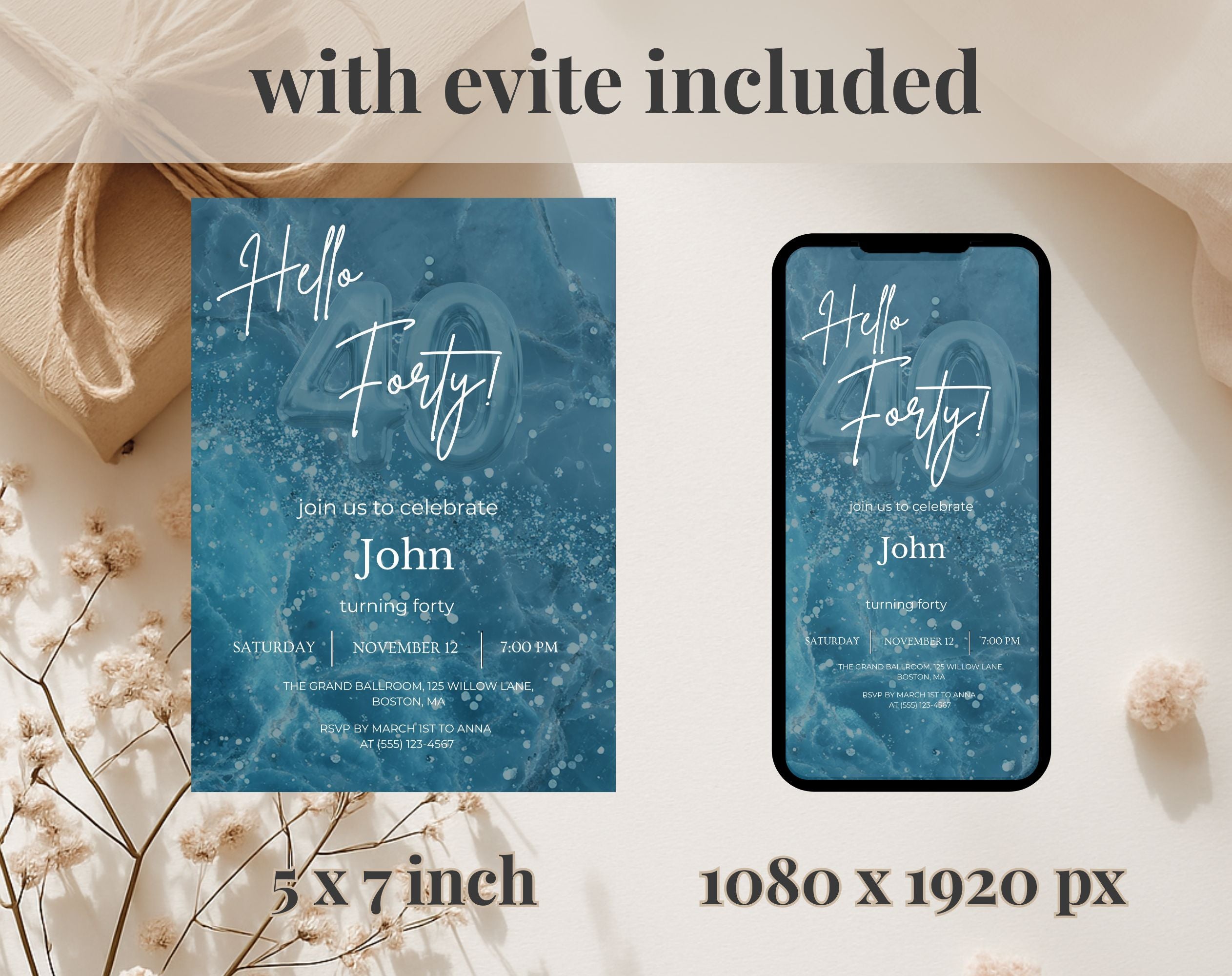 Modern Blue 40th Birthday Invitation