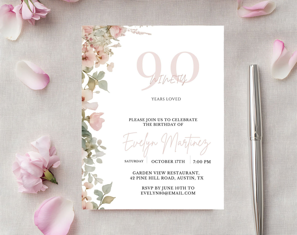 Blush Pink and Green Floral  90th Birthday Invitation