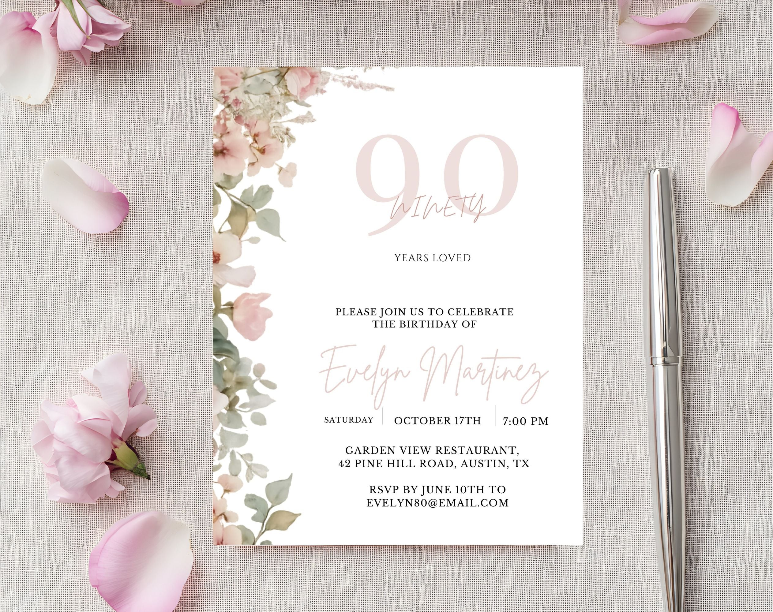 Blush Pink and Green Floral  90th Birthday Invitation