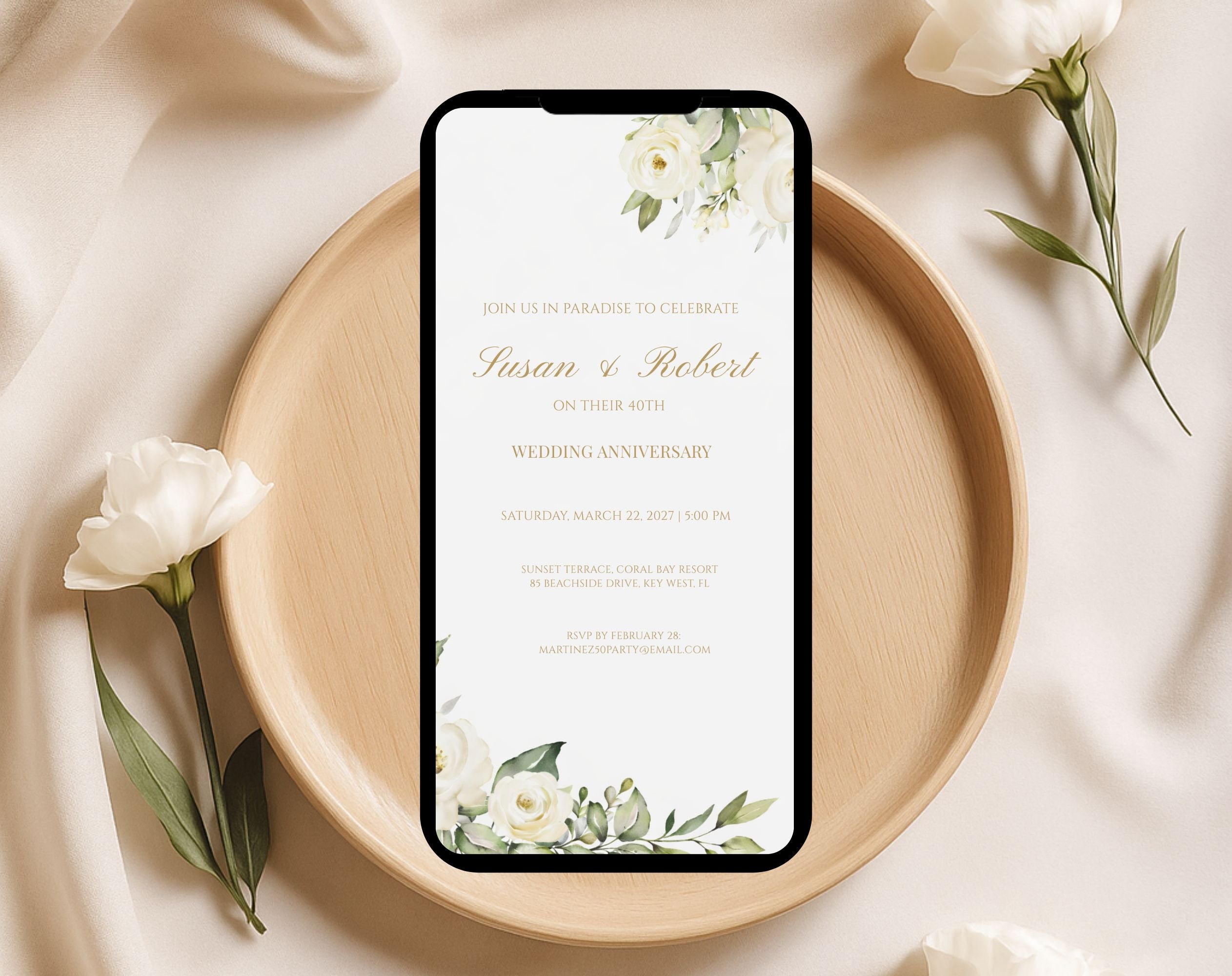 White Gold Floral 40th Wedding Anniversary