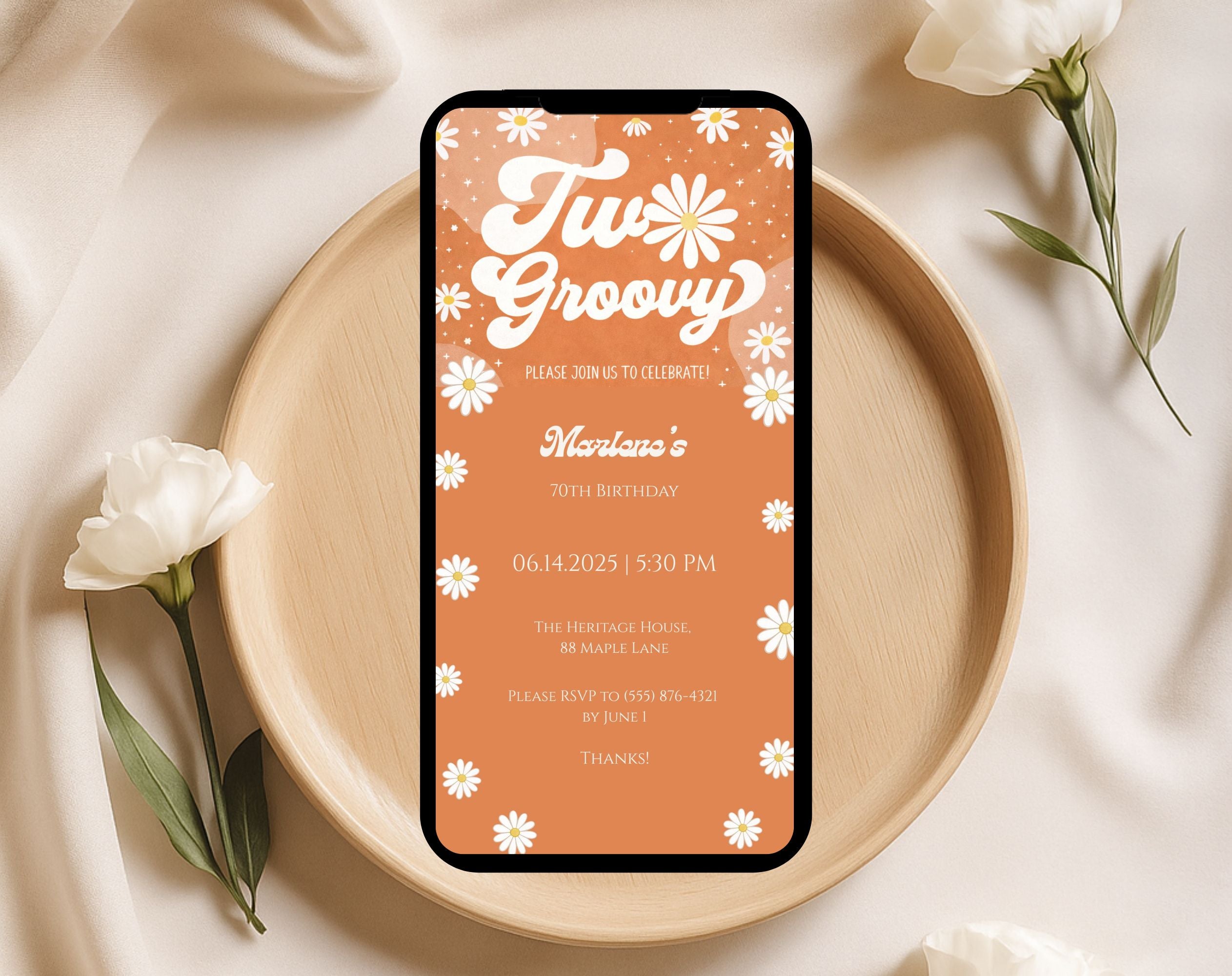 Orange Retro Groovy 70th Birthday Invitation