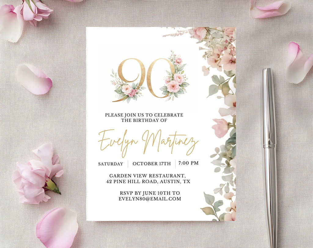 Blush Pink and Gold Floral 90th Birthday Invitation