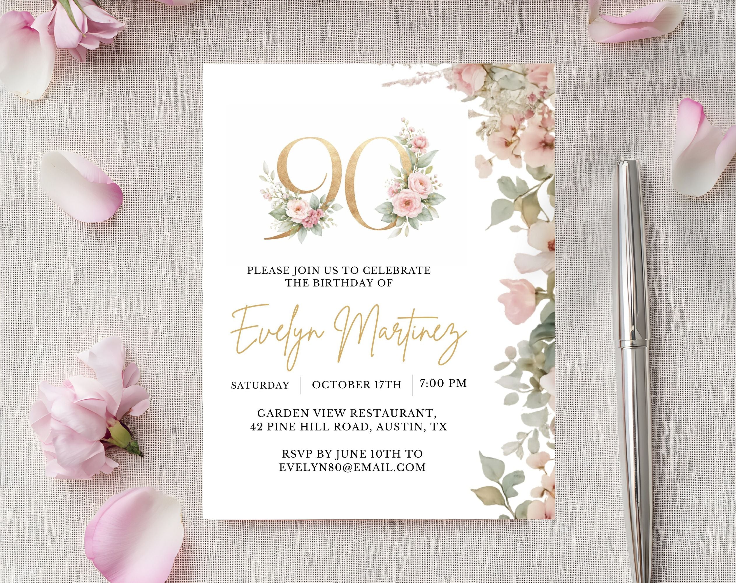 Blush Pink and Gold Floral 90th Birthday Invitation