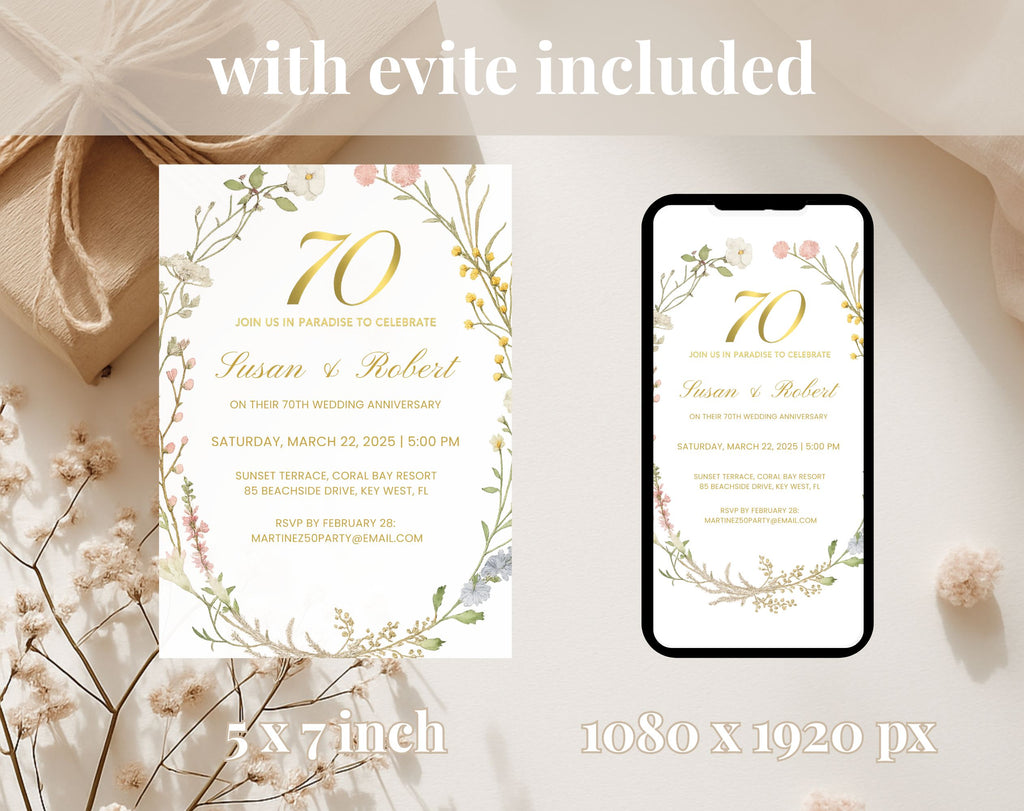 Elegant Floral 70th Wedding Anniversary Invitation