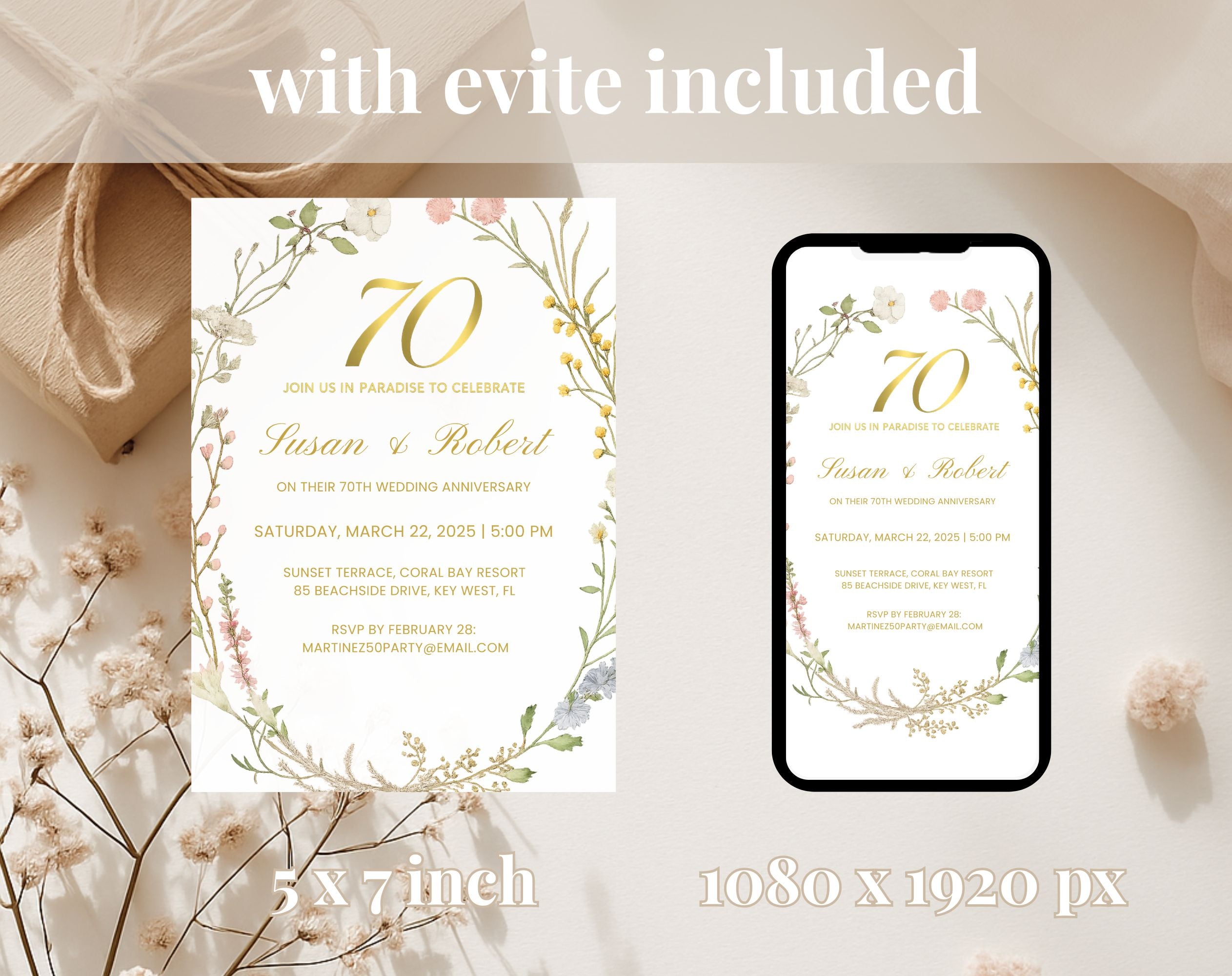 Elegant Floral 70th Wedding Anniversary Invitation