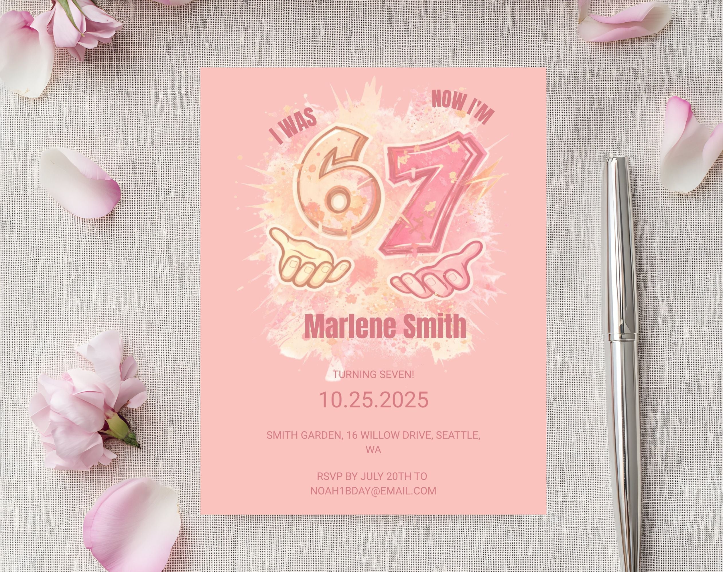 six seven Pink Kids 7th Birthday Invitation