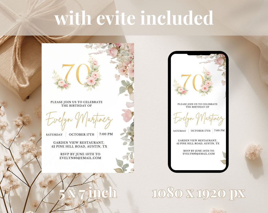 Elegant Floral 70th Birthday Invitation