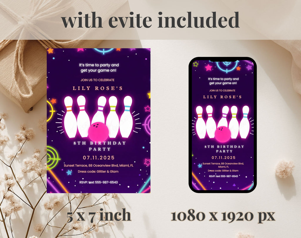 Purple Neon Bowling 8th Birthday Invitation