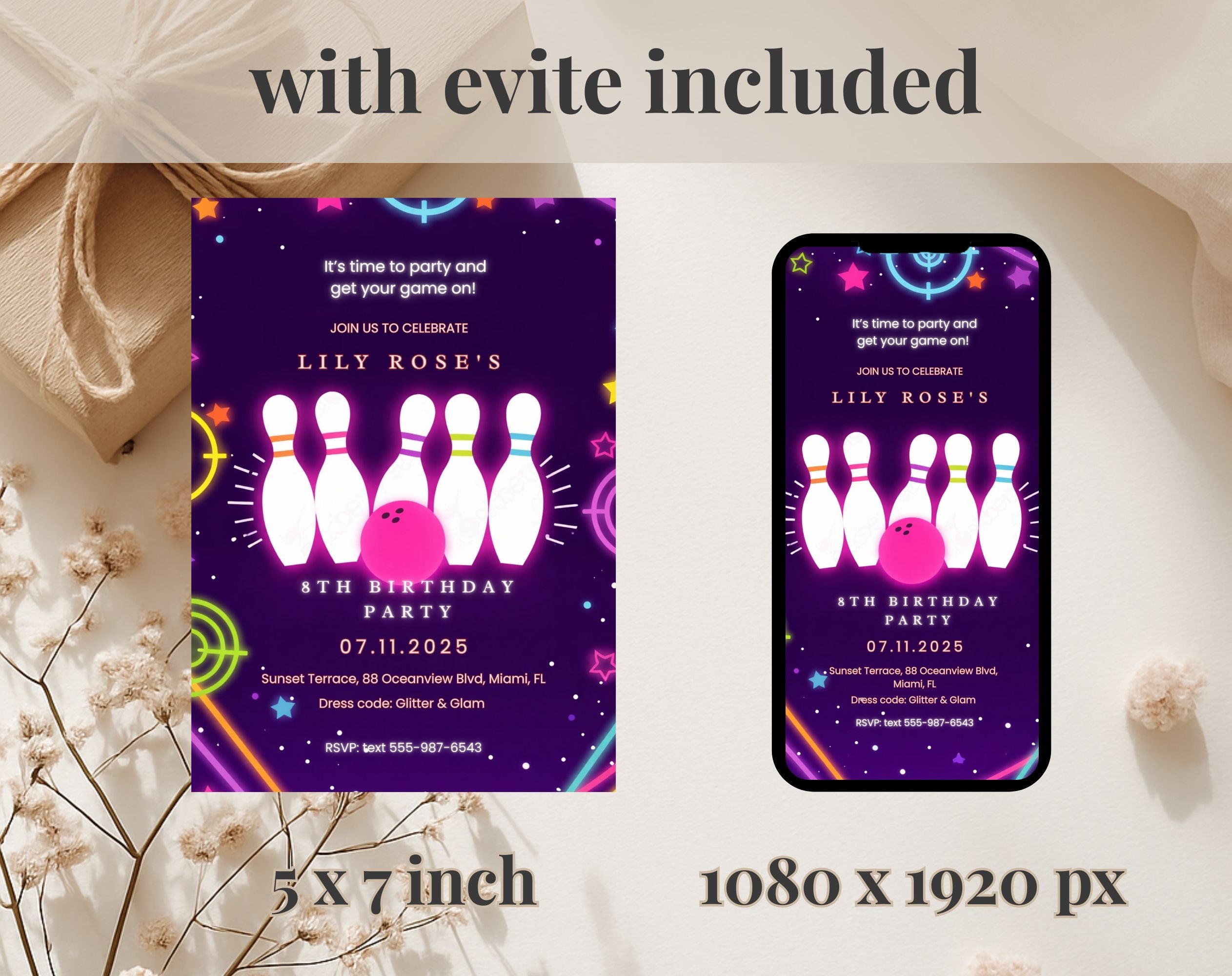 Purple Neon Bowling 8th Birthday Invitation