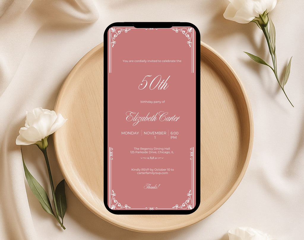 Dusty Rose Pink 50th Birthday Invitation