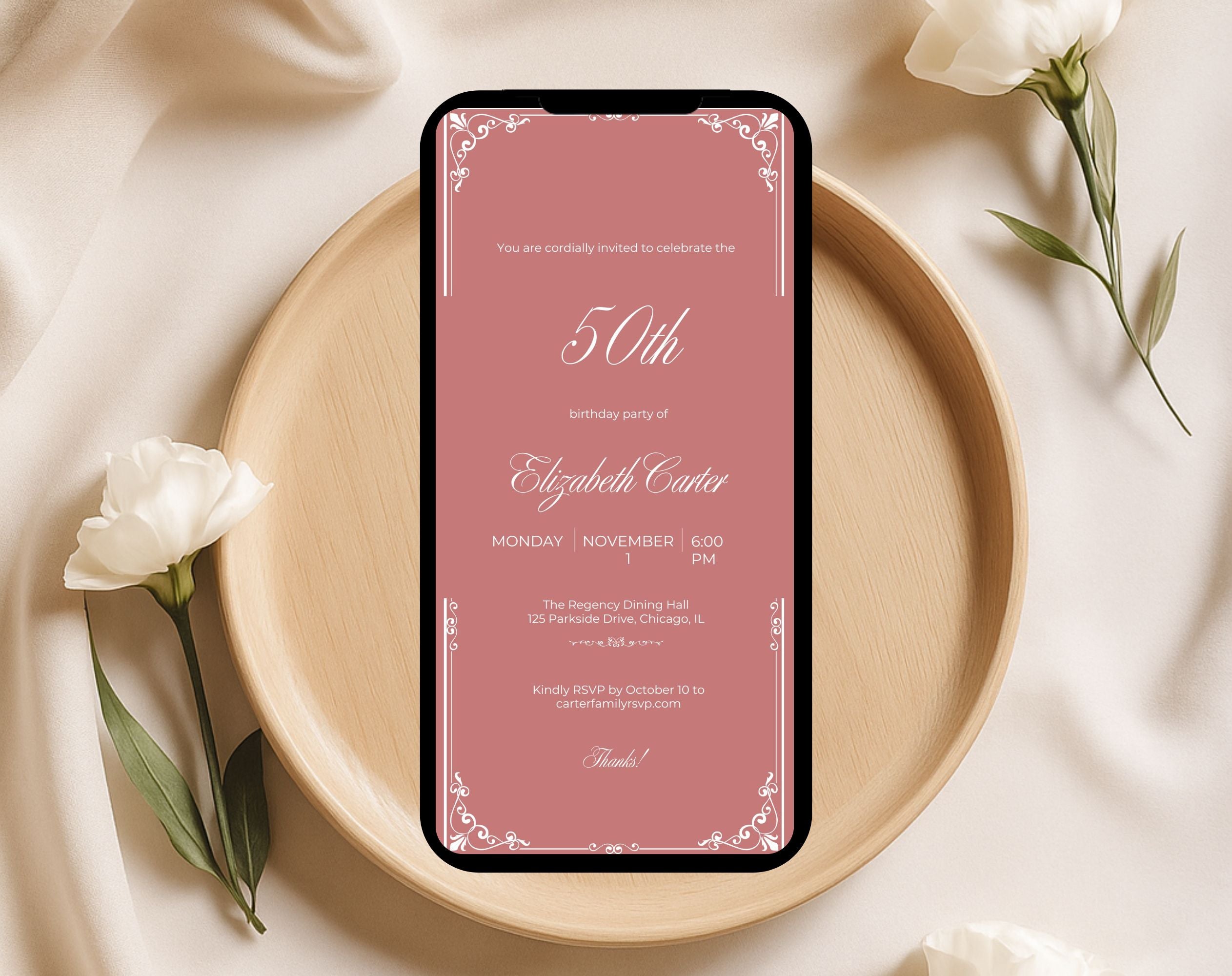 Dusty Rose Pink 50th Birthday Invitation