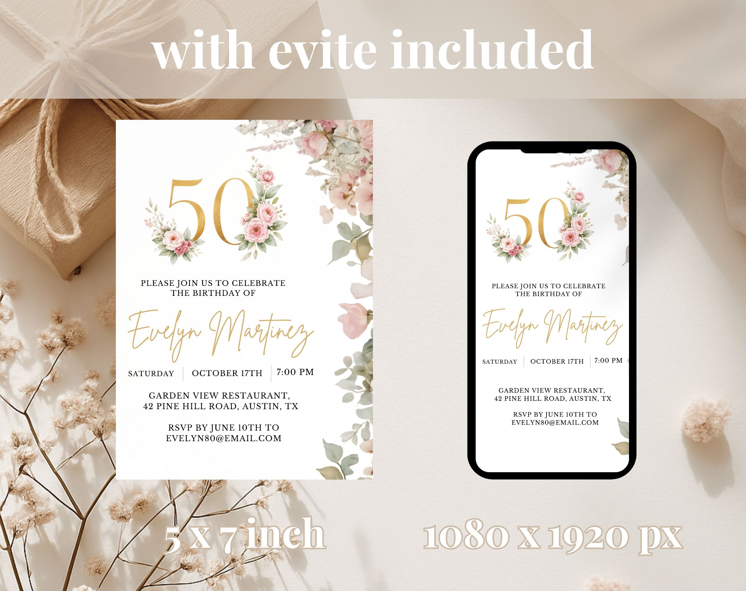 Elegant Floral 50th Birthday Invitation