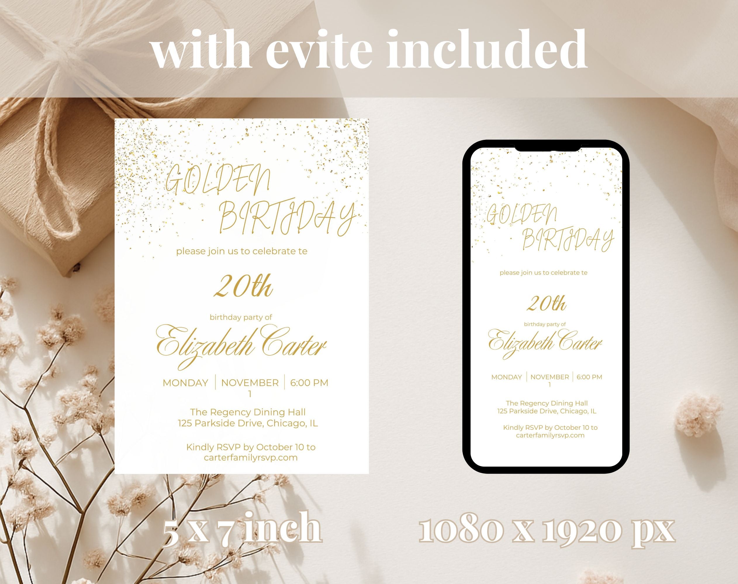 White and Gold 20th Birthday Invitation