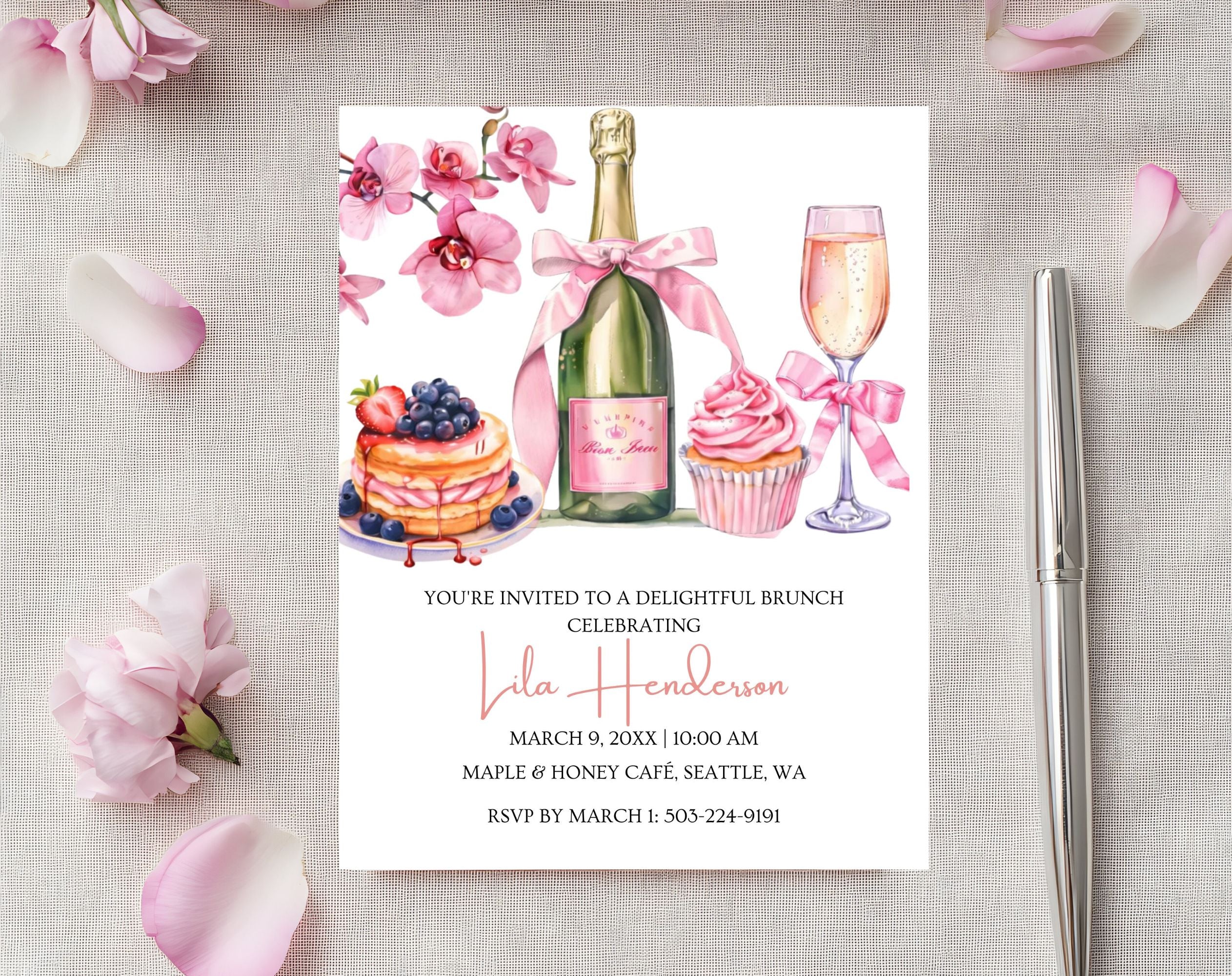 Pink and Gold Birthday Brunch Invitation
