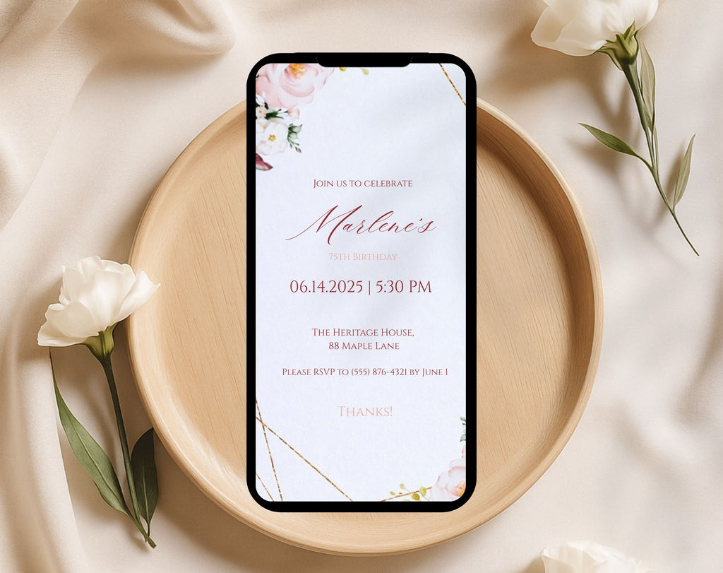 Burgundy Floral 75th Birthday Invitation