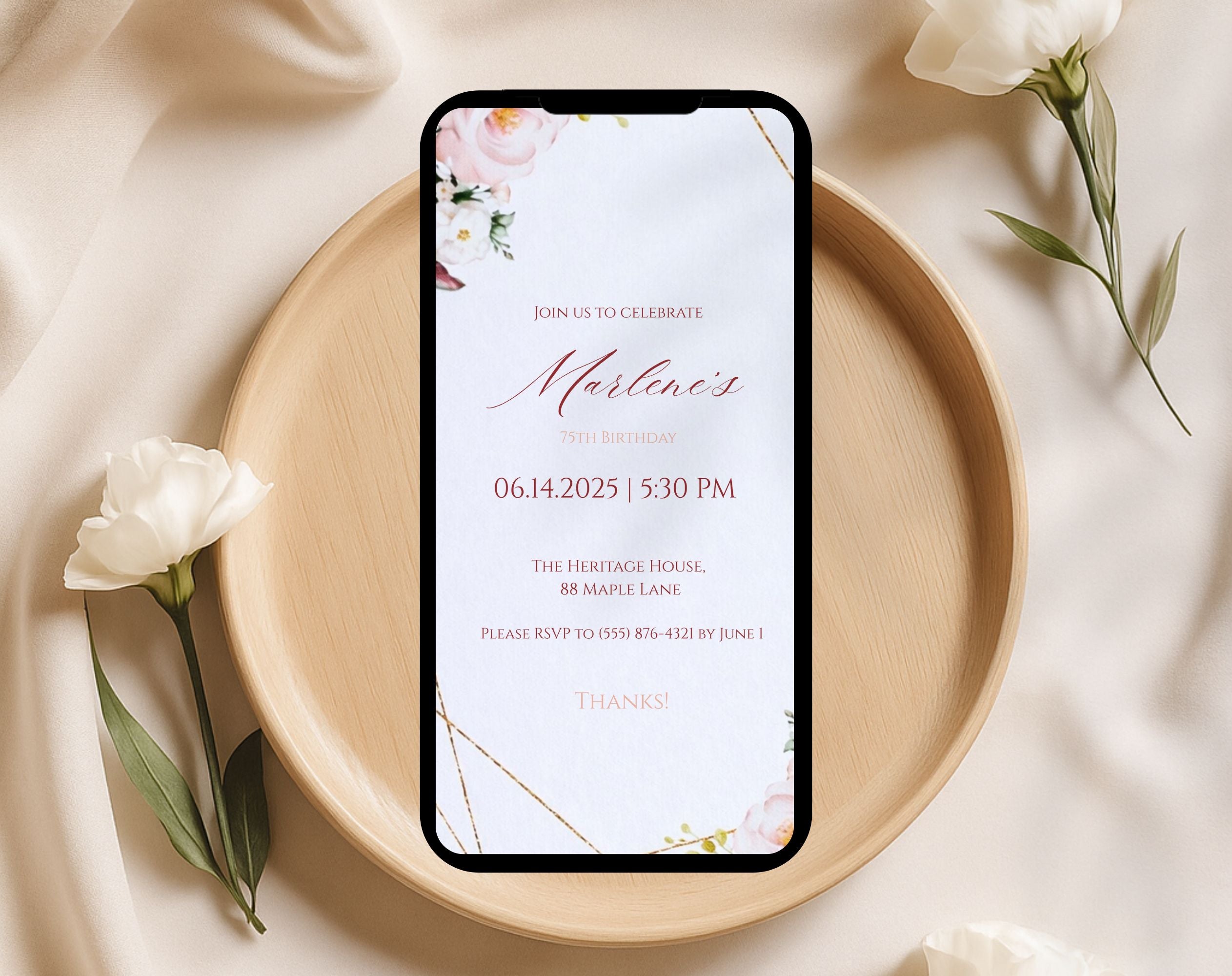Burgundy Floral 75th Birthday Invitation