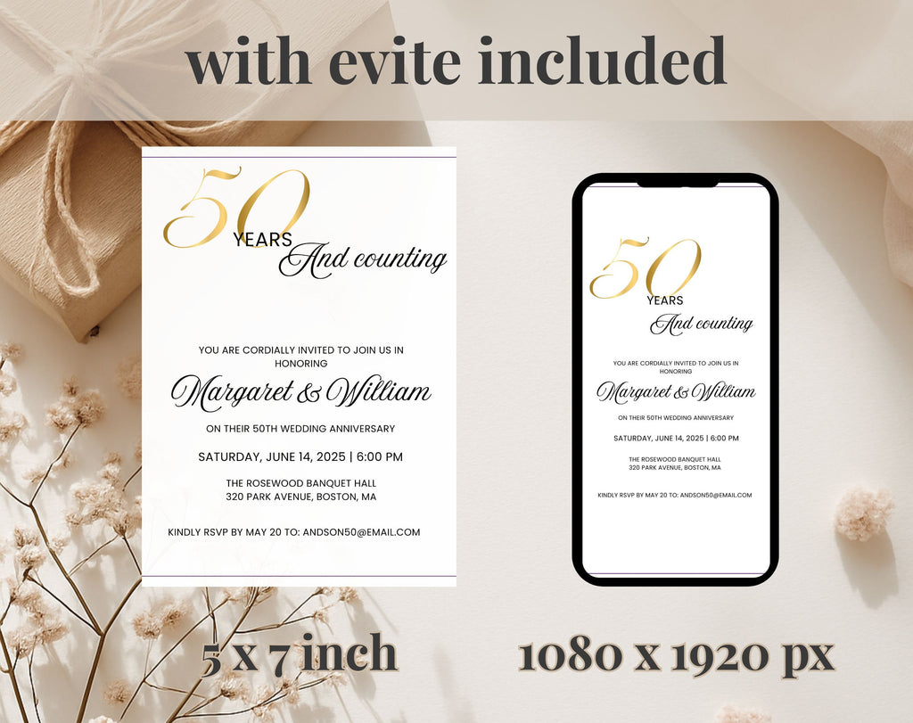 Elegant White Gold 50th Anniversary Invitation