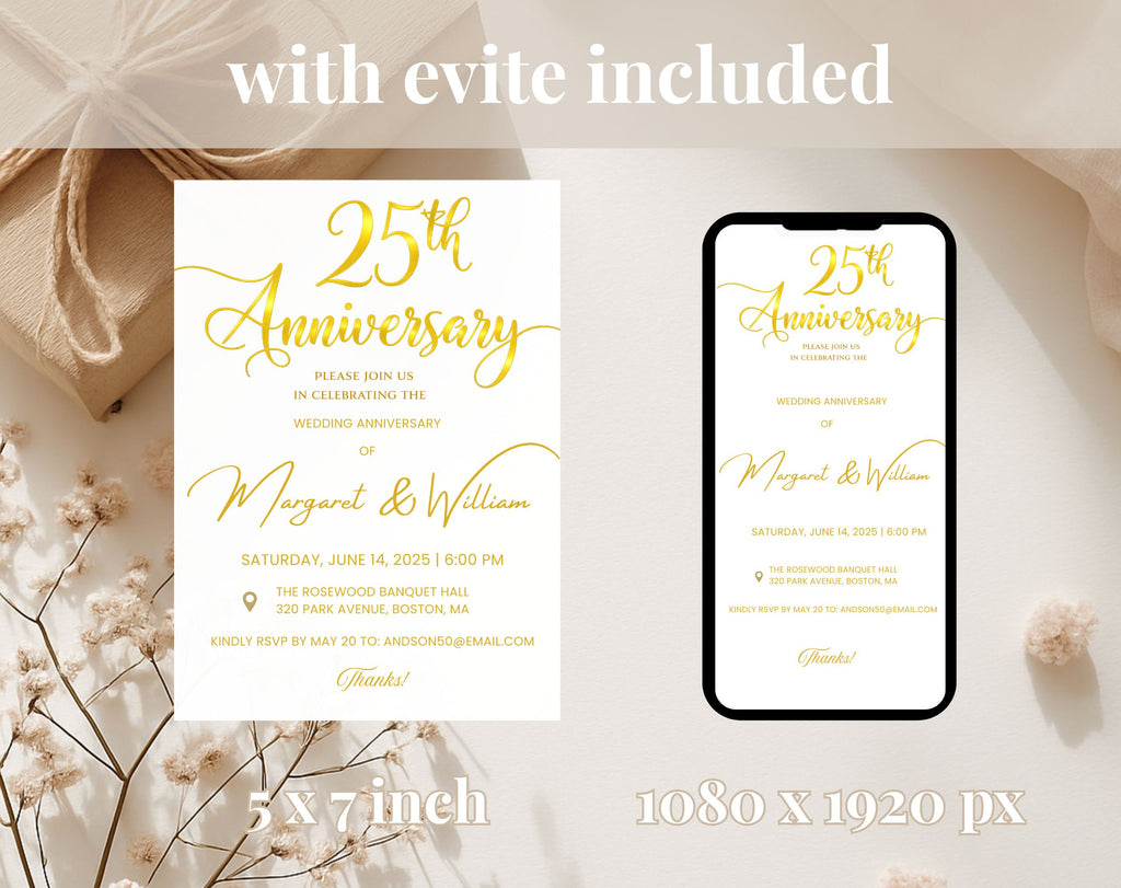Golden 25th  Wedding Anniversary Invite White Gold