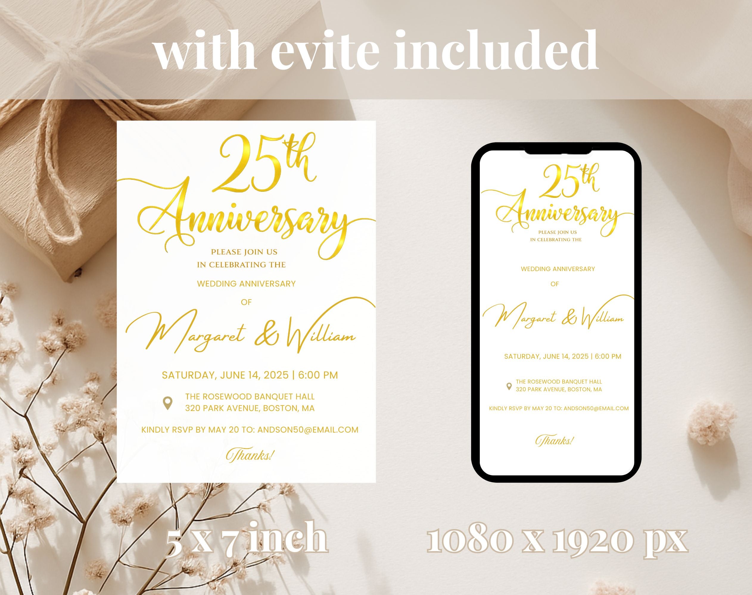 Golden 25th  Wedding Anniversary Invite White Gold