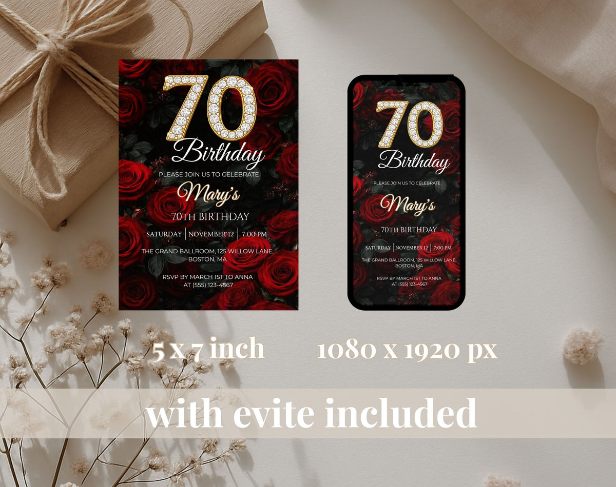 Luxury Red Rose 70th Birthday Invitation