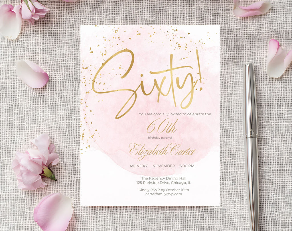 Elegant Blush Pink Golden 60th Birthday Invitation