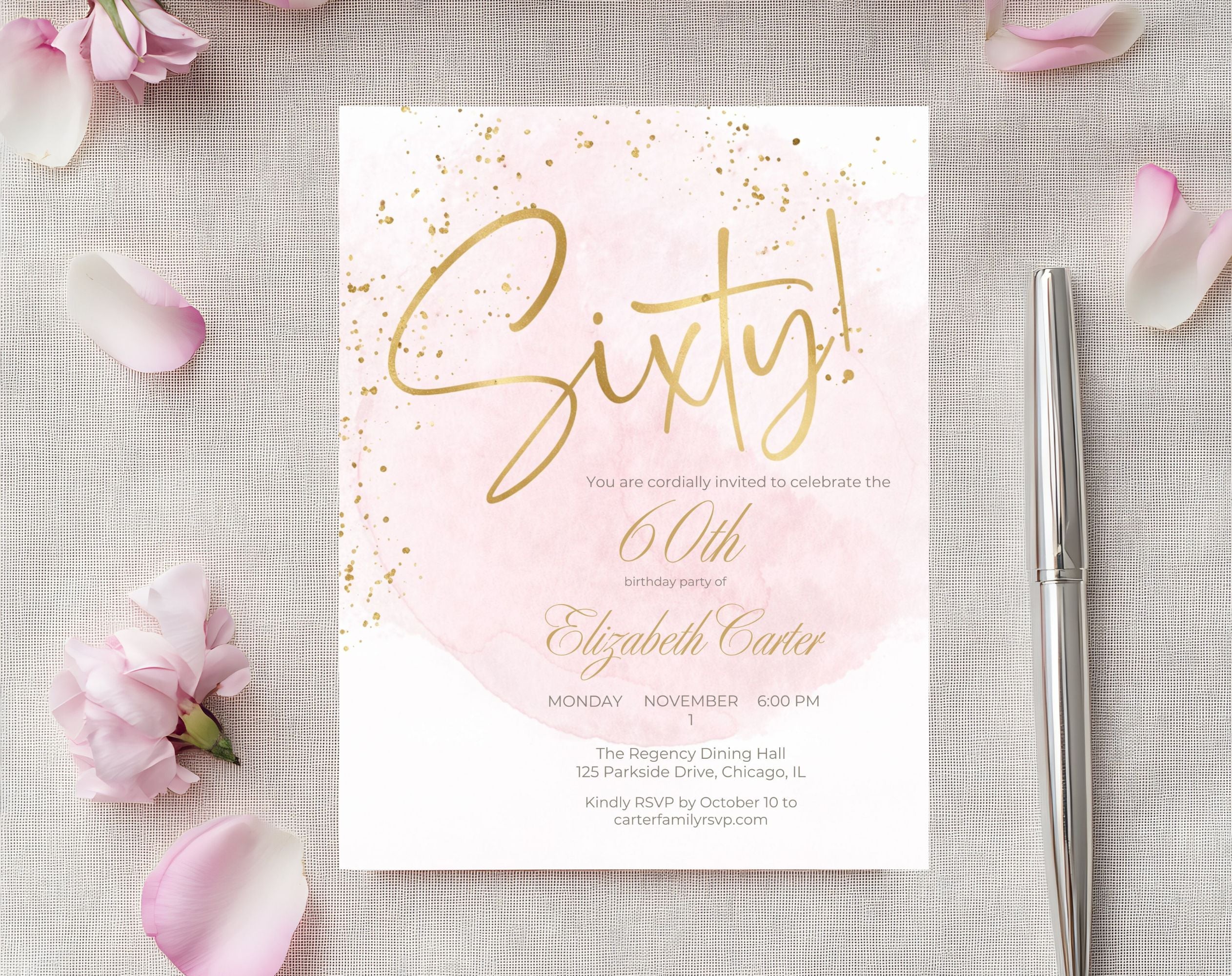 Elegant Blush Pink Golden 60th Birthday Invitation
