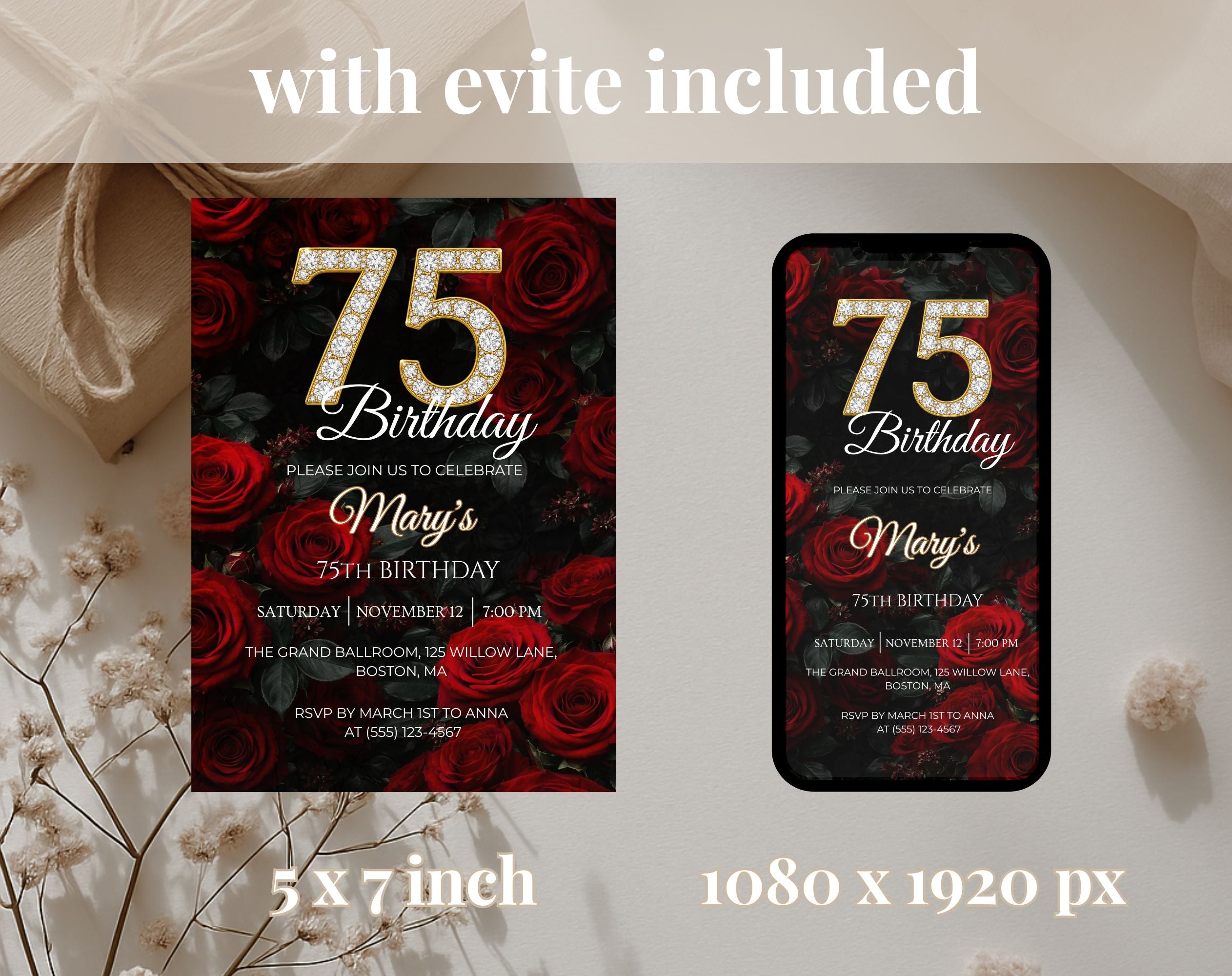 Luxury Red Rose 75th Birthday Invitation