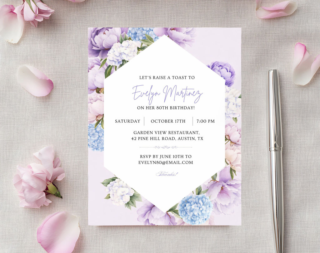 Elegant Purple Floral 80th Birthday Invitation