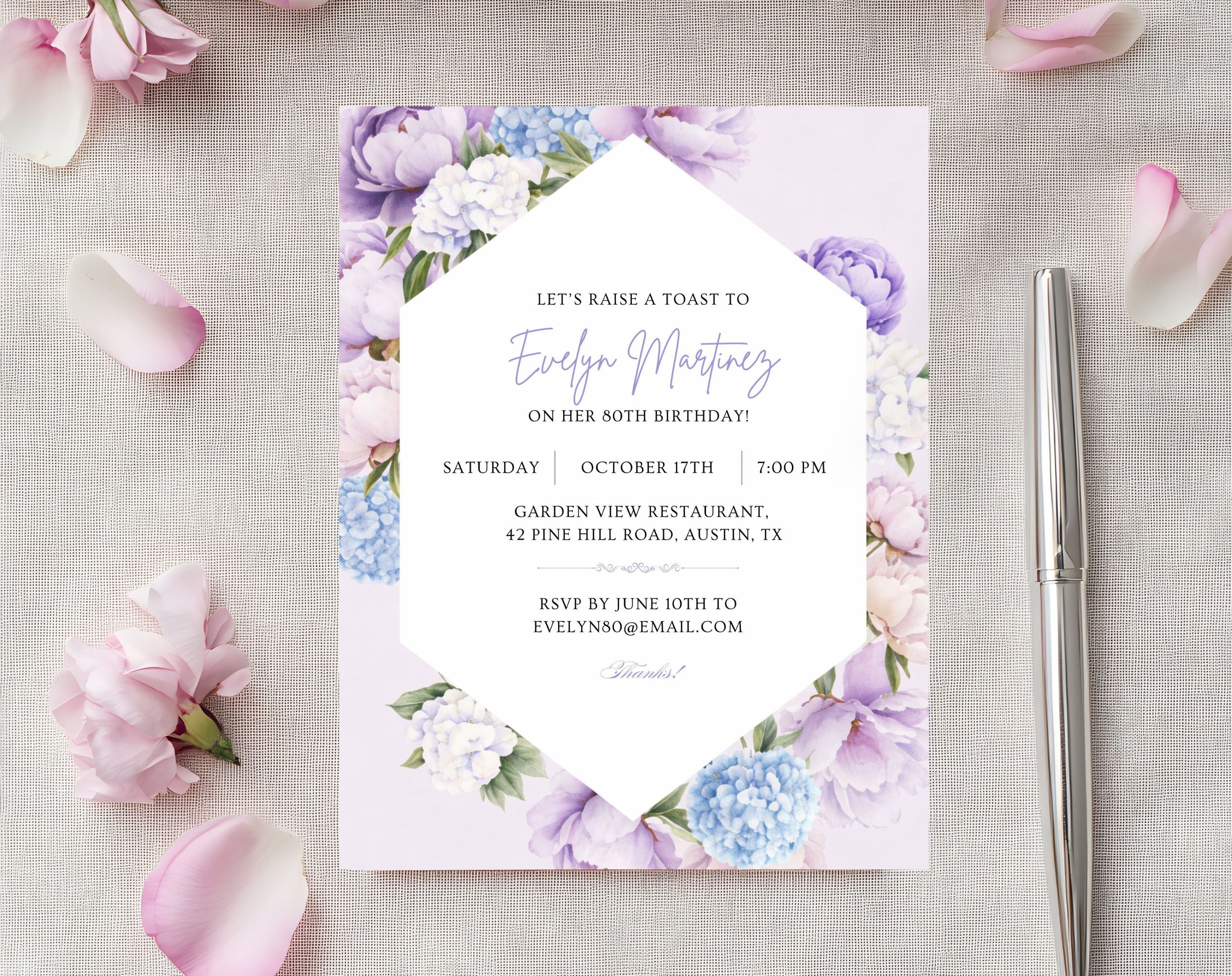 Elegant Purple Floral 80th Birthday Invitation