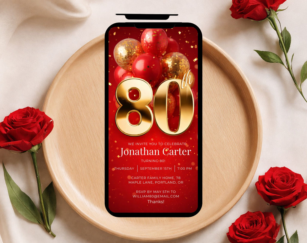 Red Gold 80th Birthday Invitation