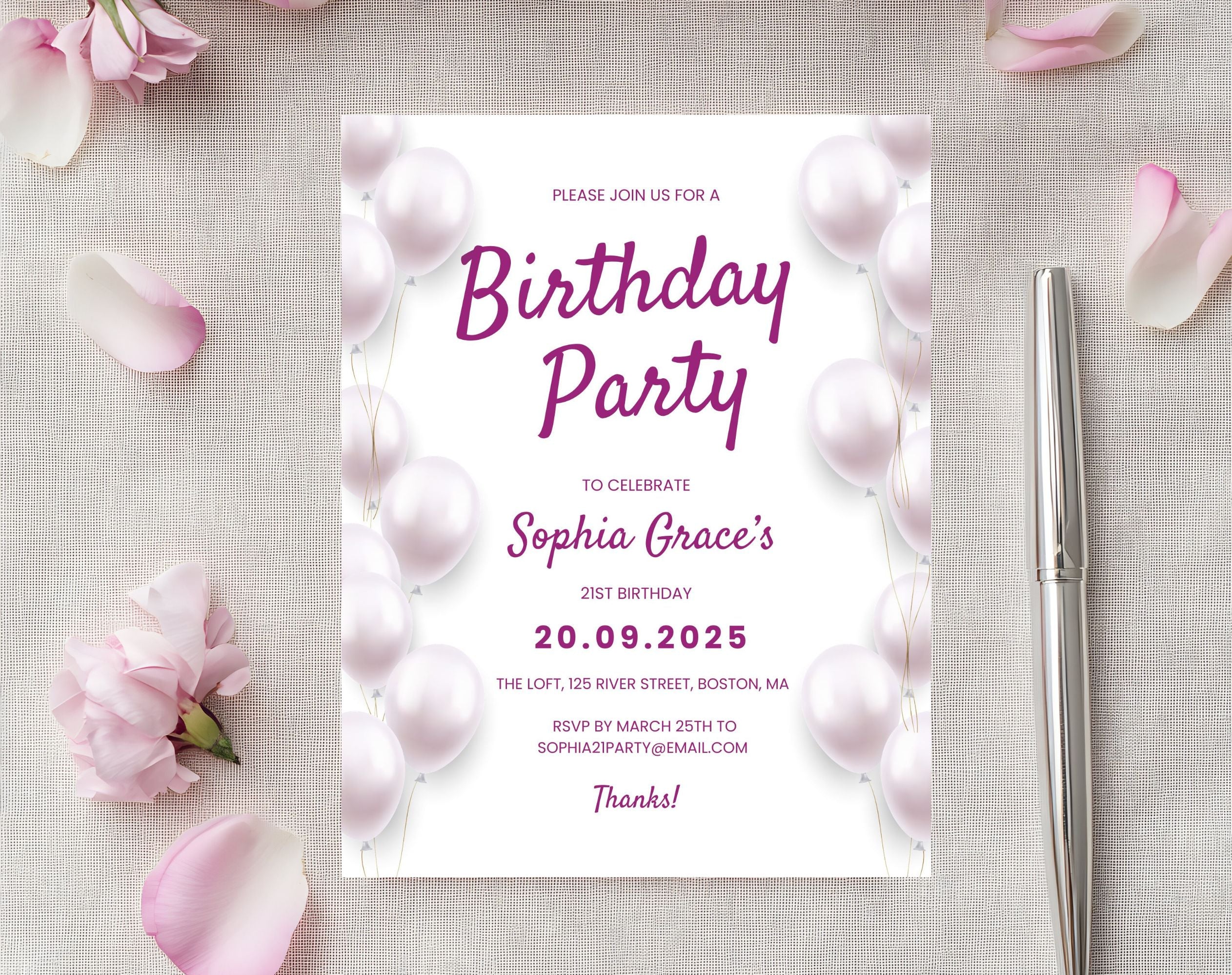 Elegant 2 Pink and White 21st Birthday Invitation