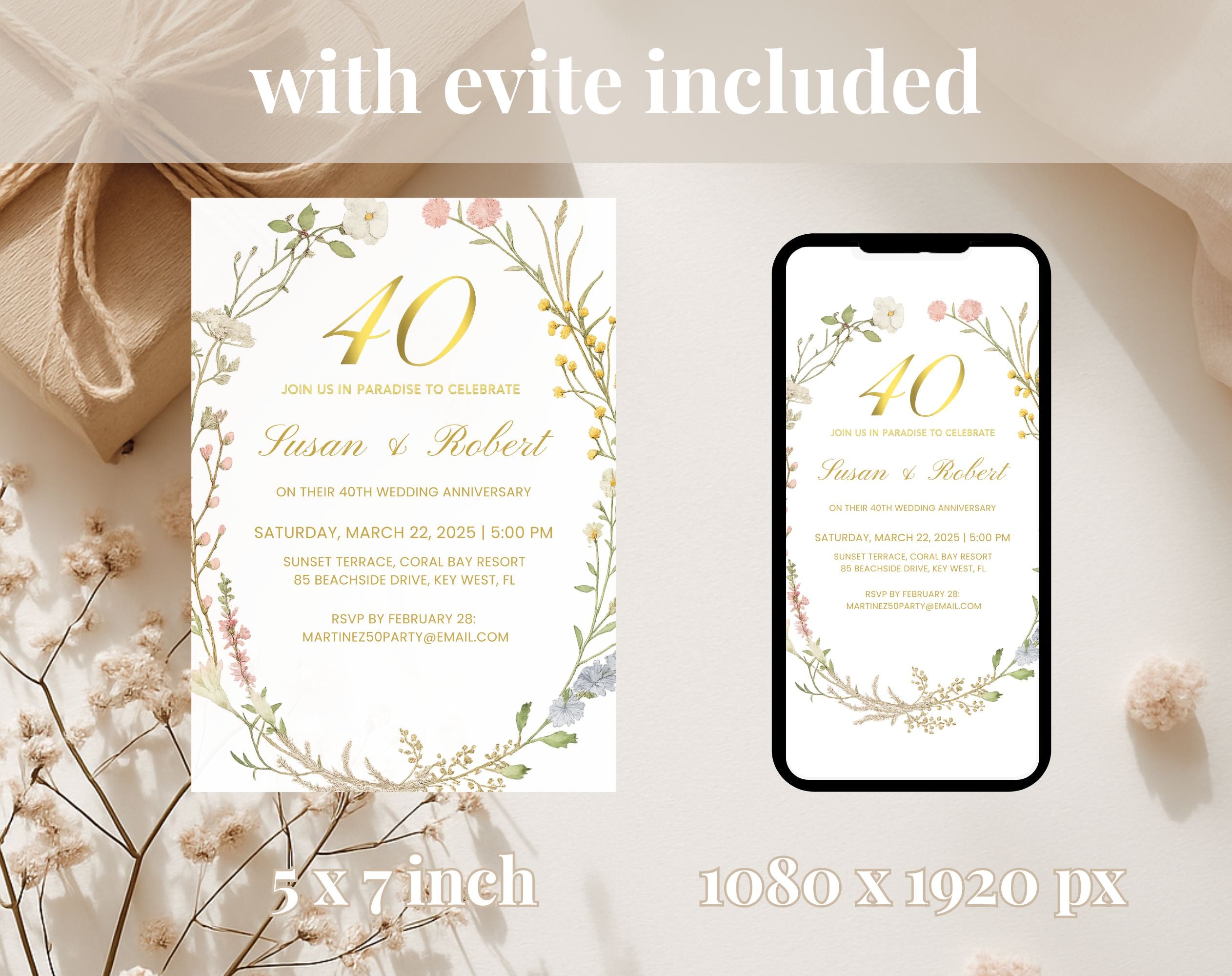 Elegant Floral 40th Wedding Anniversary Invitation