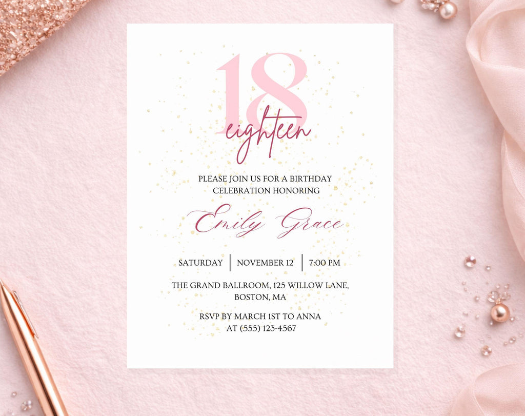 Pink & Gold Glitter 18th Birthday Invitation