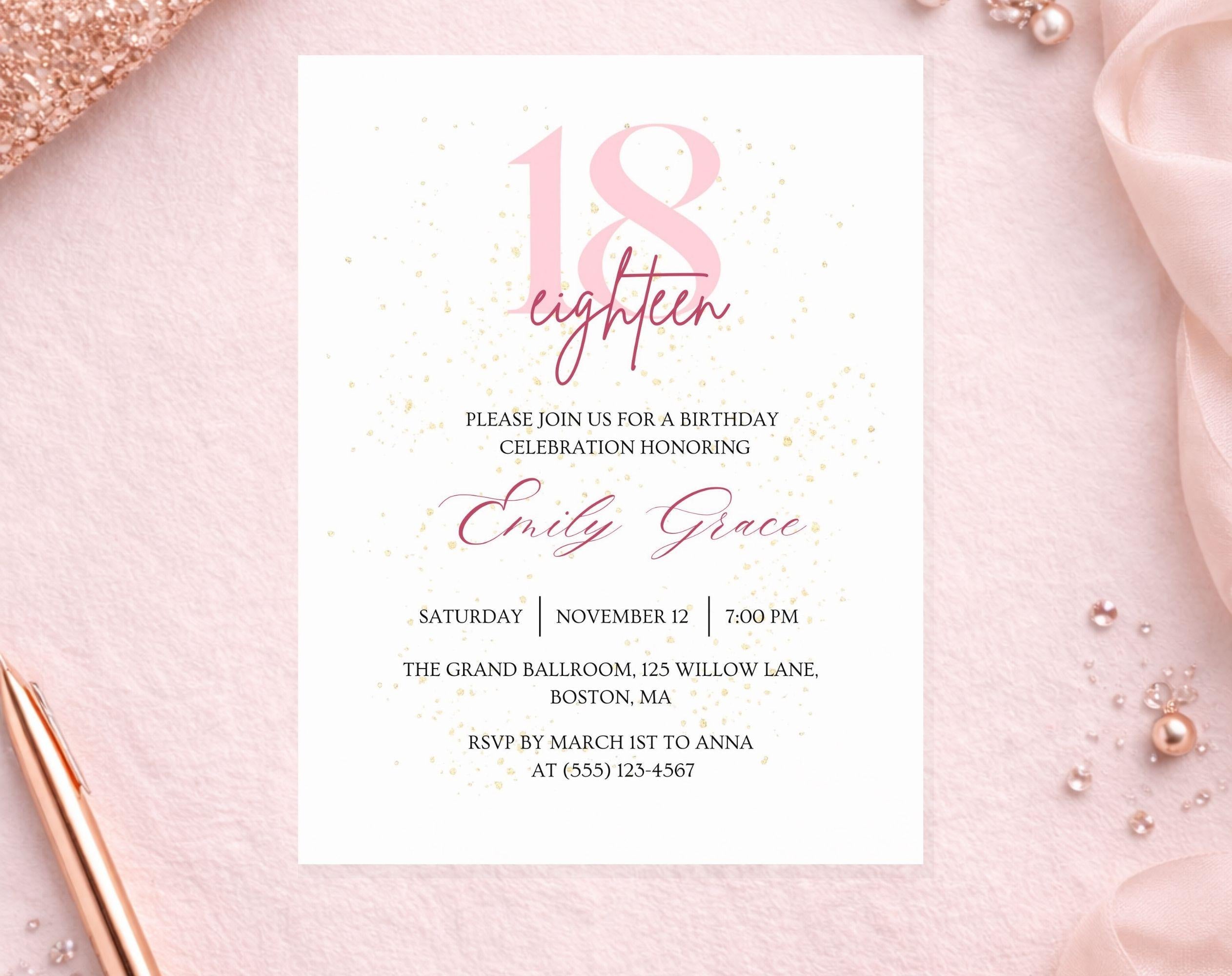 Pink & Gold Glitter 18th Birthday Invitation